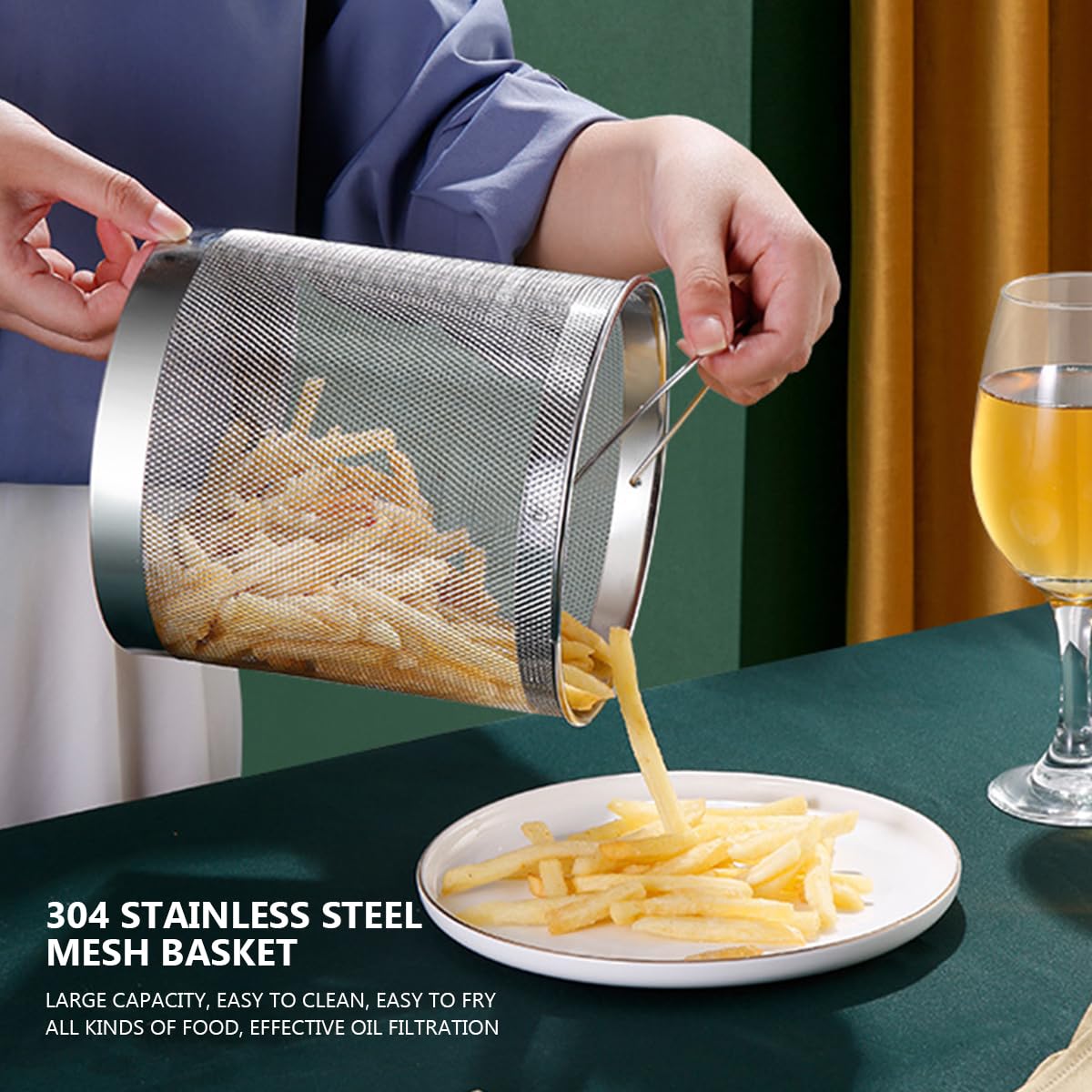 Freidora con tapa y cesta – Vaporizador de espárragos de acero inoxidable 2 en 1 olla con vapor de malla para papas fritas, pollo, cocinar verduras 7