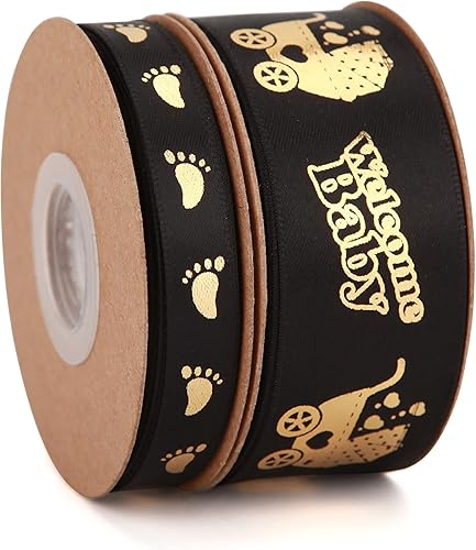 Miniatura 2 de 2 rollos en total de 20 yardas de cinta de bienvenida para bebé, cintas negras y doradas con estampado de pies para manualidades, pasteles, baby
