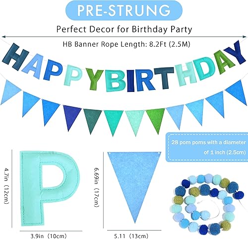 Miniatura 2 de CANREVEL Cartel de feliz cumpleaños 3D preencordado, 3 guirnaldas de fieltro azul, guirnalda de pompones, banderines de tela triangular,