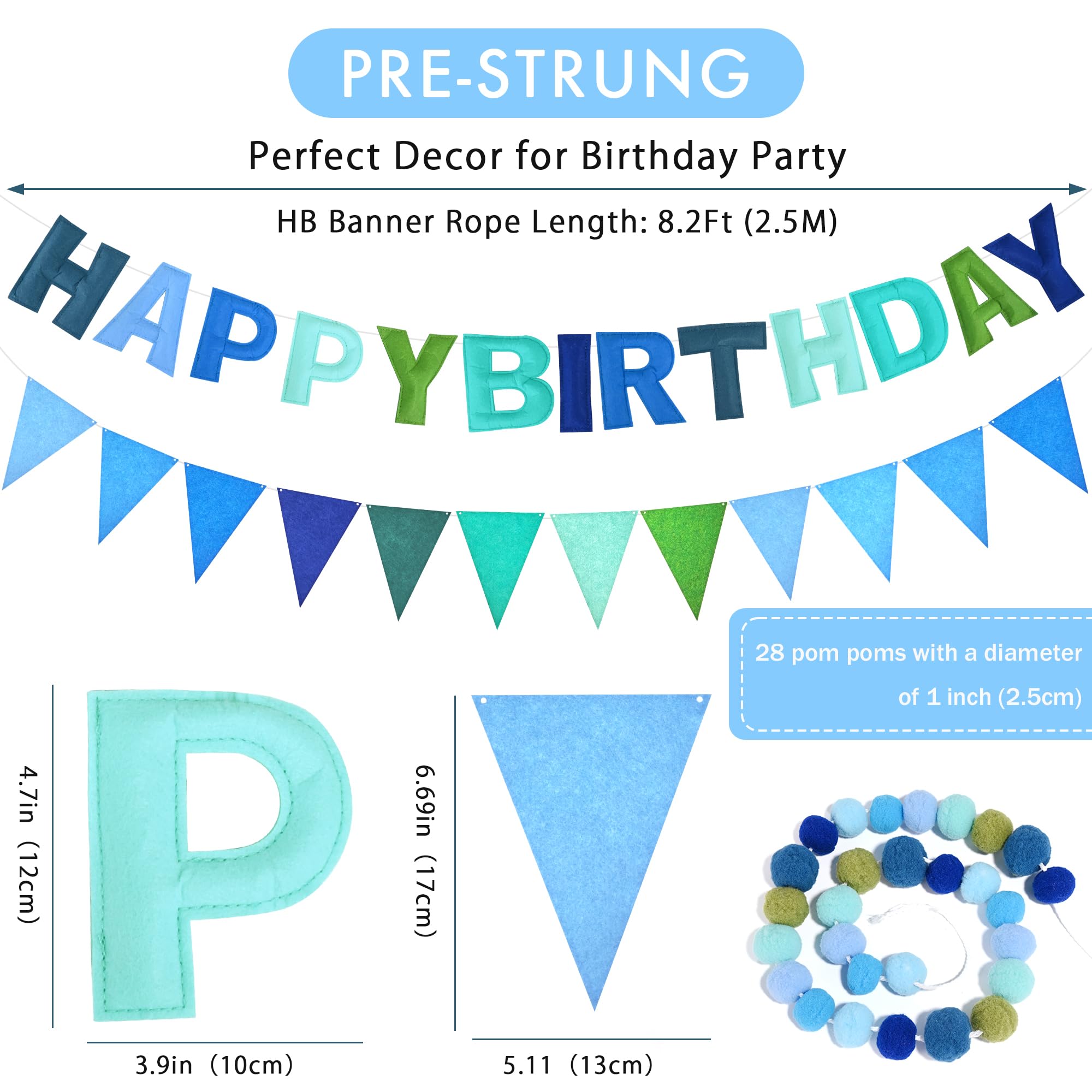 3 PCS Pre-Strung 3D Happy Birthday Banner, Pastel Felt Garland, Pom Pom Garland Triangle Fabric Bunting Reusable Pastel Birthday Decorations Women Girl