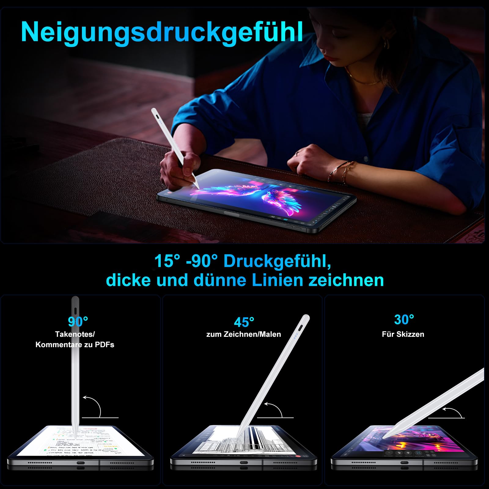 Variglas Stift für iPad 2018-2026 - 2X Schnellladung, kompatibel mit iPad 6~11th,Pro 11"/12.9"/13",Air 3~5th,Air 11"/13",Mini 7/6/5th, Magnetischer Haftung, Palm Rejection & Neigung-Neues Upgrade