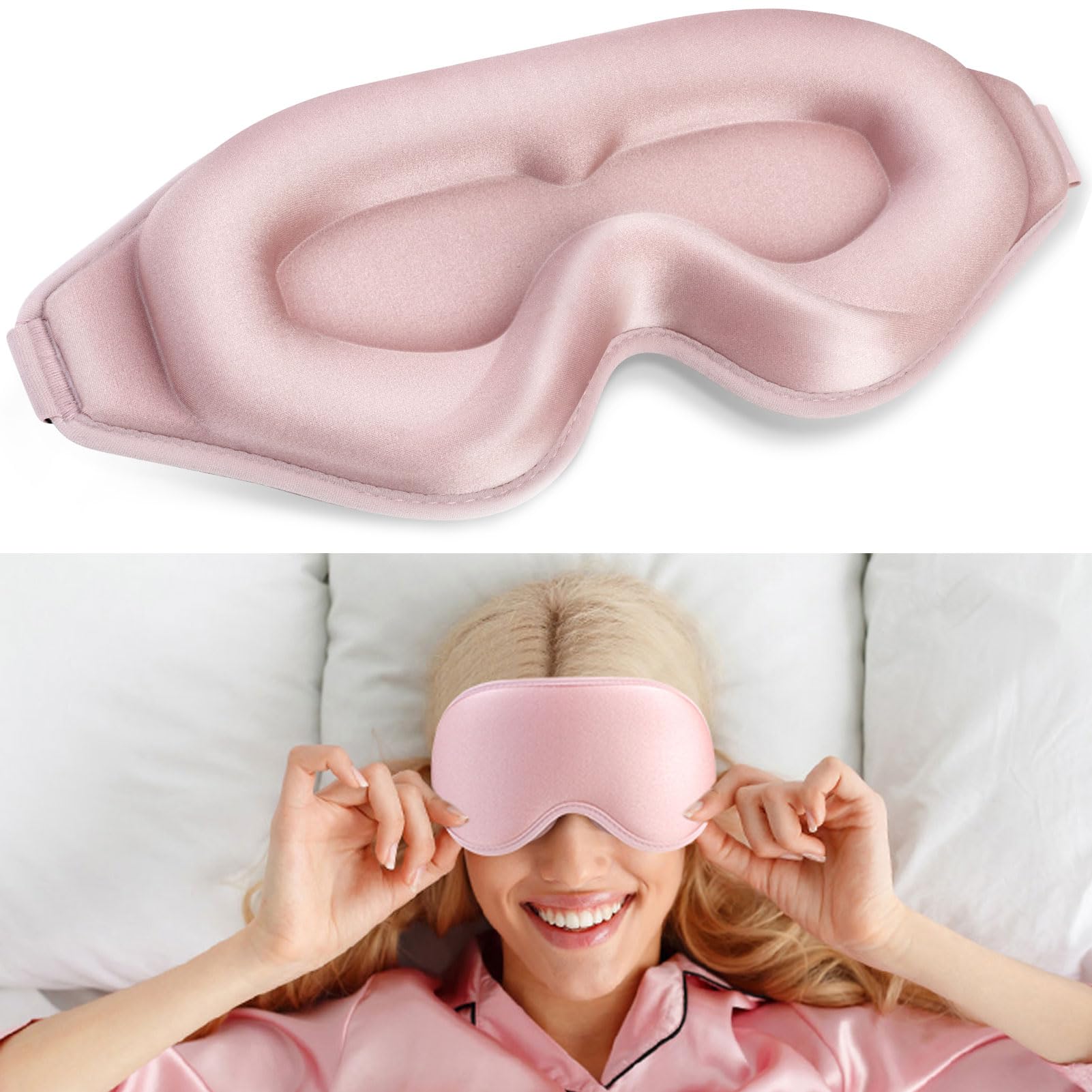 3D Deep Contoured Eyes Cover Zero Pressure, 99% Fully Block Out Light Eye Sleep Mask, Long Lash Extension Eyes Mask with Adjustable Straps for Sleeping, Pink