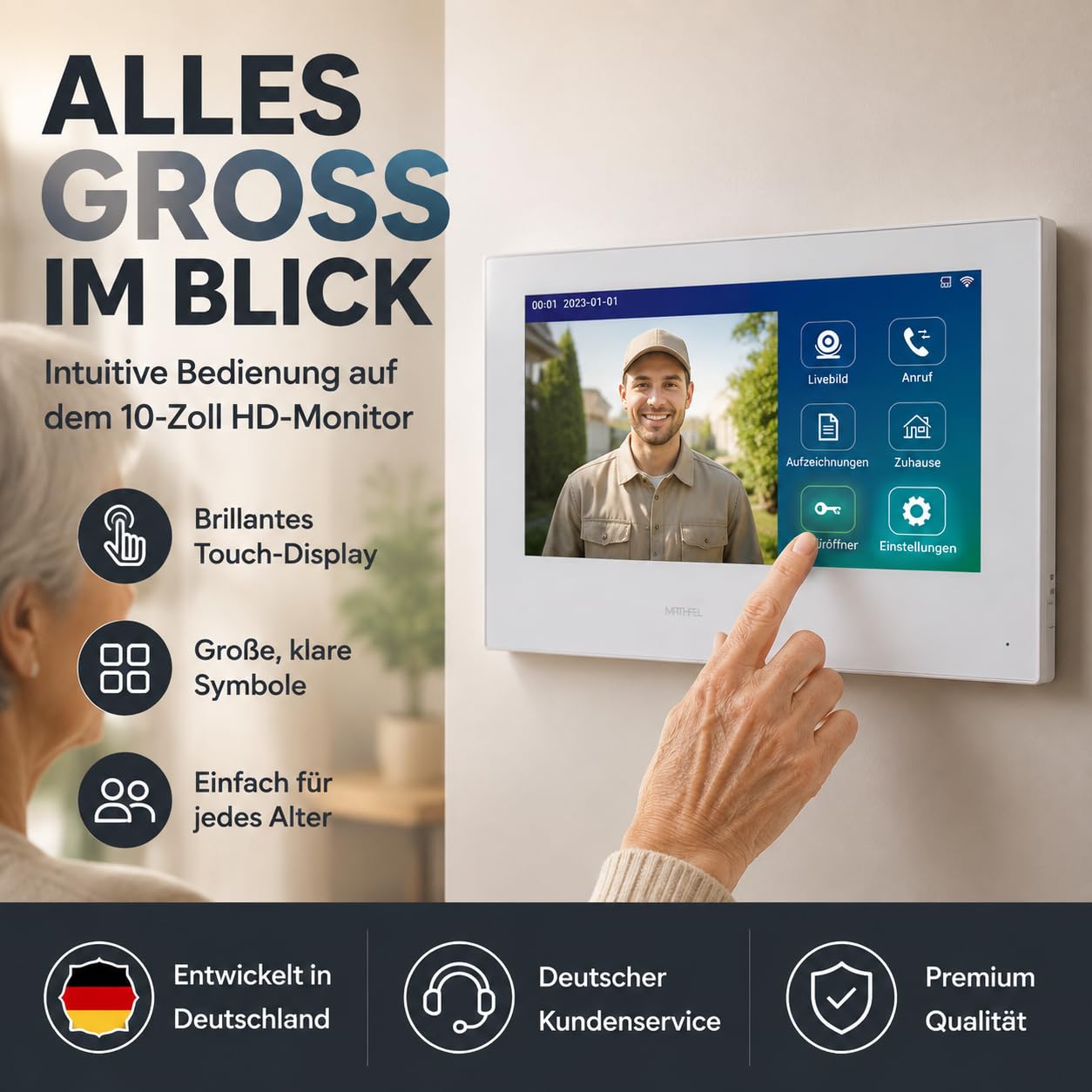 MATHFEL Video Türsprechanlage in Silber, Klingel mit Kamera und 10'' Monitor, Türklingel mit Kamera und Türöffner, Ultraweitwinkel 170 Grad Kamera, Gegensprechanlage mit WLAN Full HD 2MP