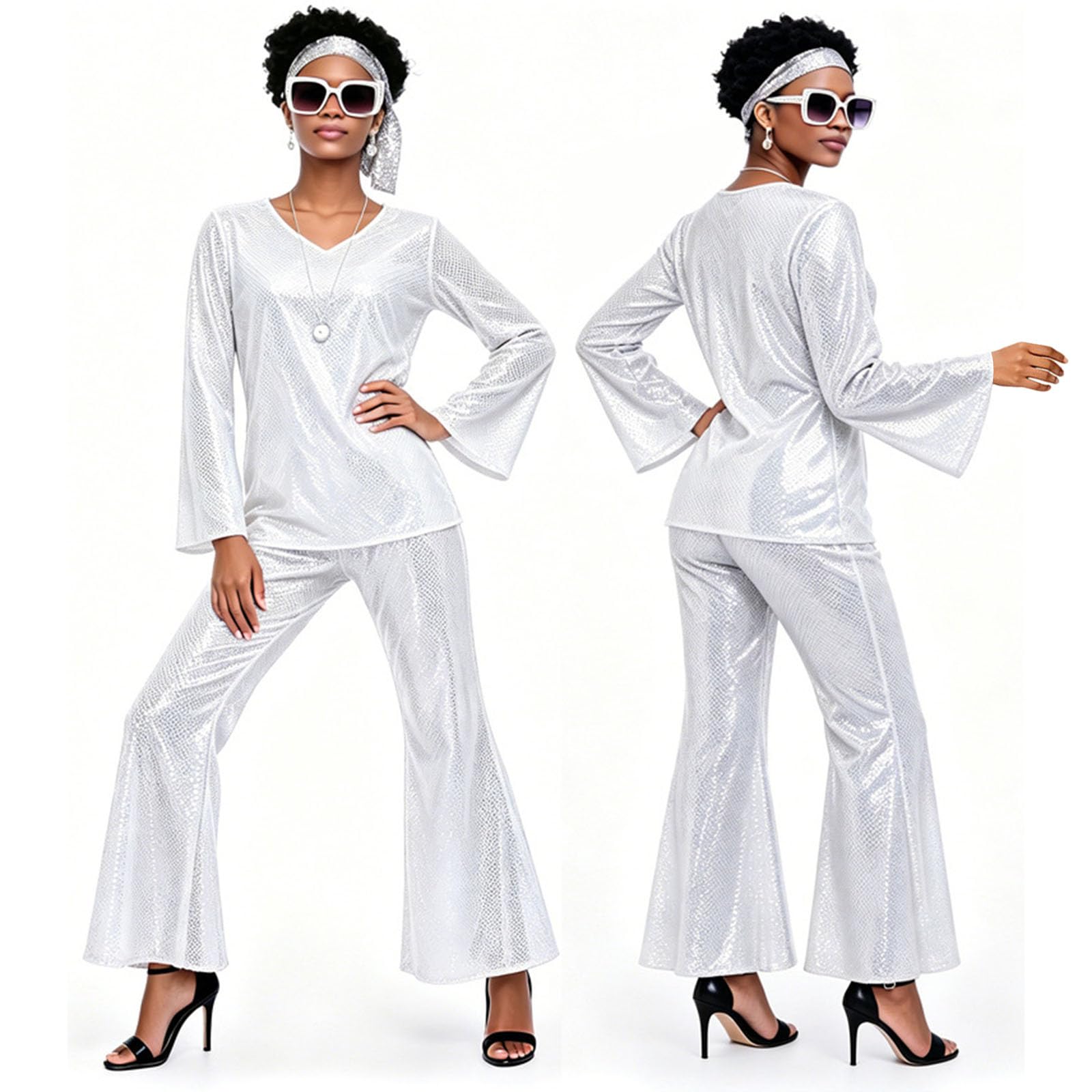 Disco Kostüm Damen 60er 70er Jahre Outfit Disco Outfit mit Perücke Halskette Armband Ohrringe Stirnband Pailletten Outfits für Halloween Faschingskostüme Themenparty S-3XL