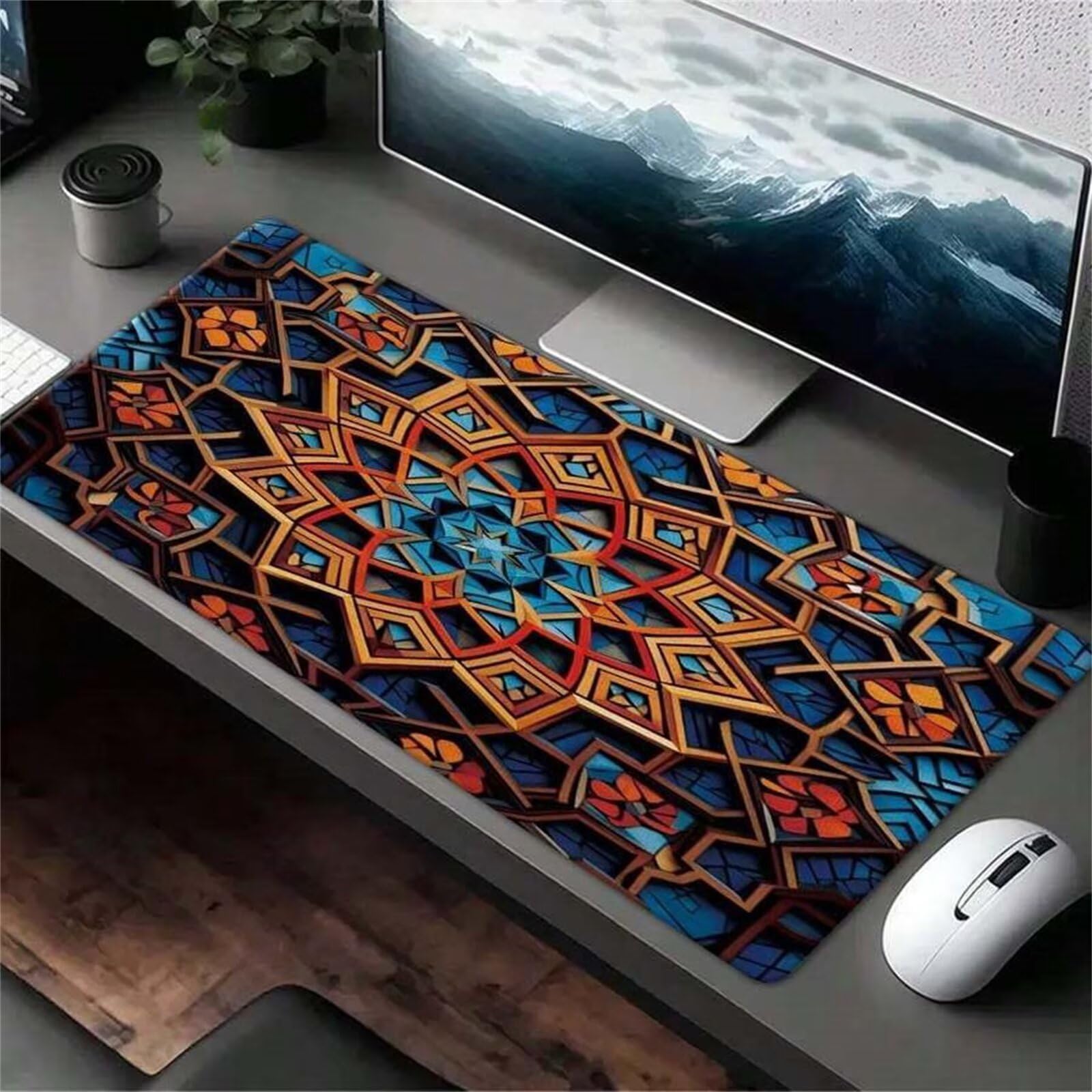 Alfombrilla de Ratón Gaming XXL 900x400x2mm - Mandala Bohemio - Alfombrilla Escritorio Grande con Base Antideslizante y Bordes Cosidos para PC, Oficina