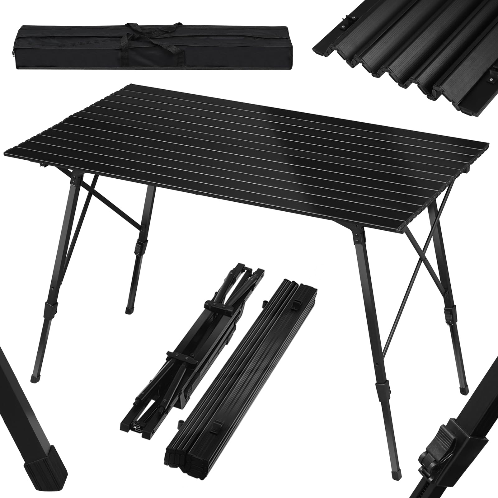 WOLTU Camping Table Aluminium Picnic Table 4ft with Carry Bag Roll-up Tabletop, for Outdoor Garden Balcony Market Kitchen Work, Black