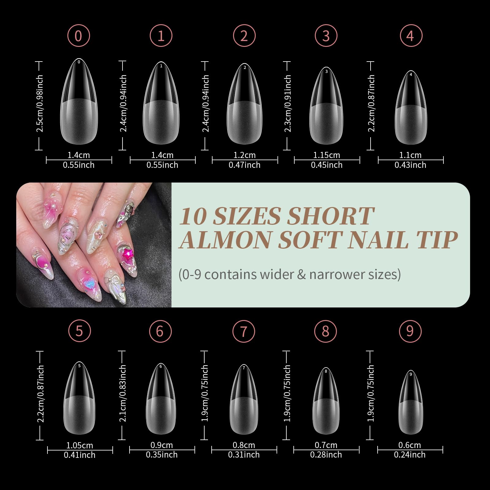 Short Almond Nail Tips, Venares 500Pcs 10 Size Acrylic Nail Tips for Gel Extensions Full Cover Soft Gel Tips for Acrylic Extensions - Image 2