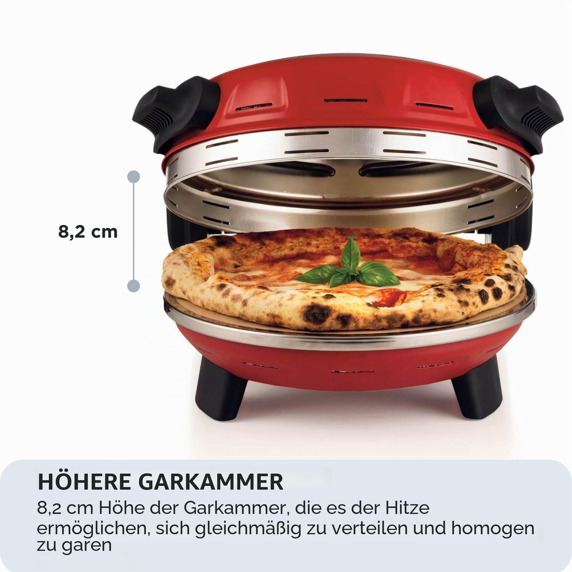 Ariete 934 Pizzeria Gourmet, Neapolitanischer Pizzaofen und Caloni, 1500 W, Temperatur 400 °C, 3 Minuten Backzeit, abnehmbarer Schamottstein, Einstellung von unten und oben, Rot