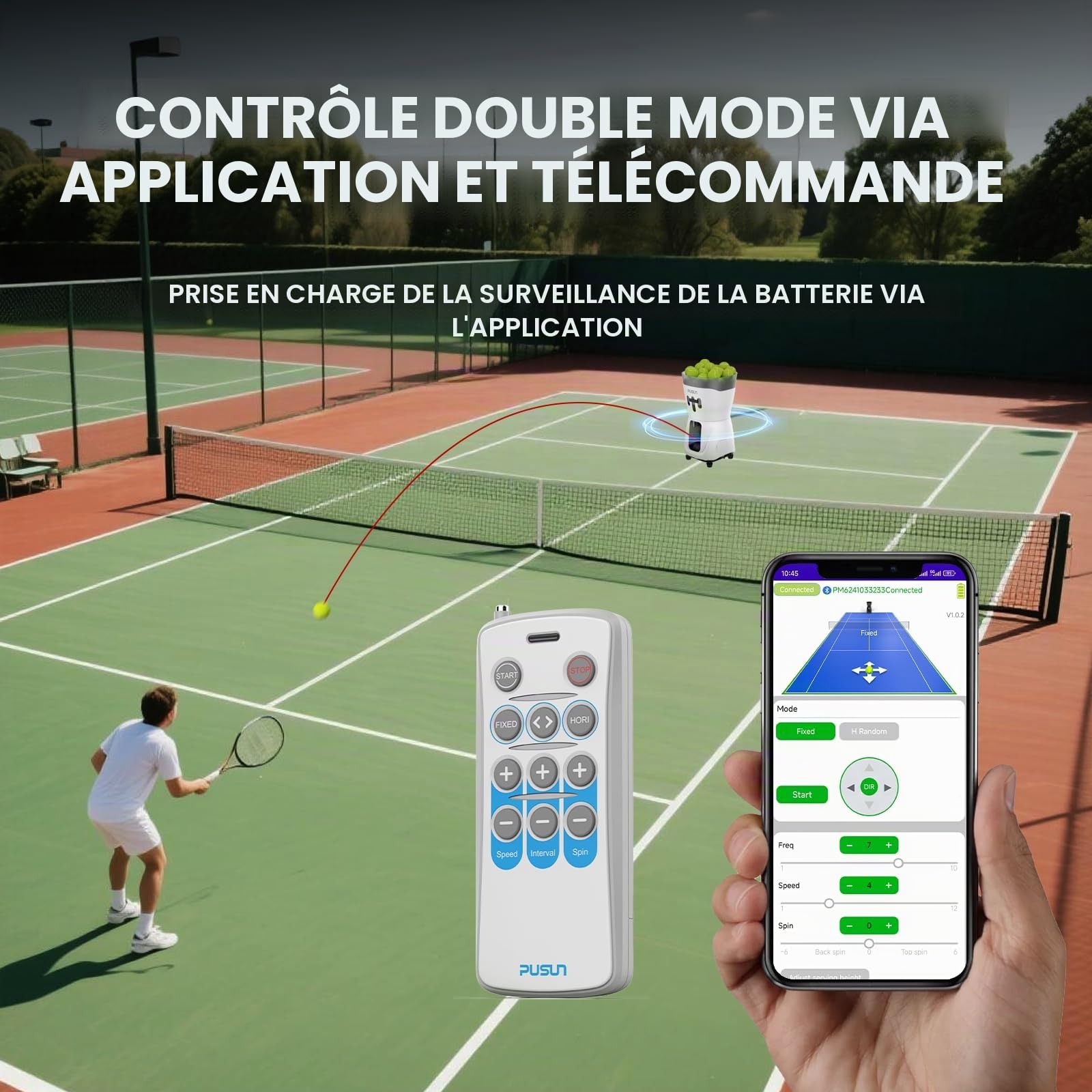 PUSUN PT-Mini Pro Machine à balles de tennis avec télécommande intelligente par application, vitesse/rotation/fréquence réglable pour débutants, capacité 65 + balles, autonomie de la batterie 3 à 5