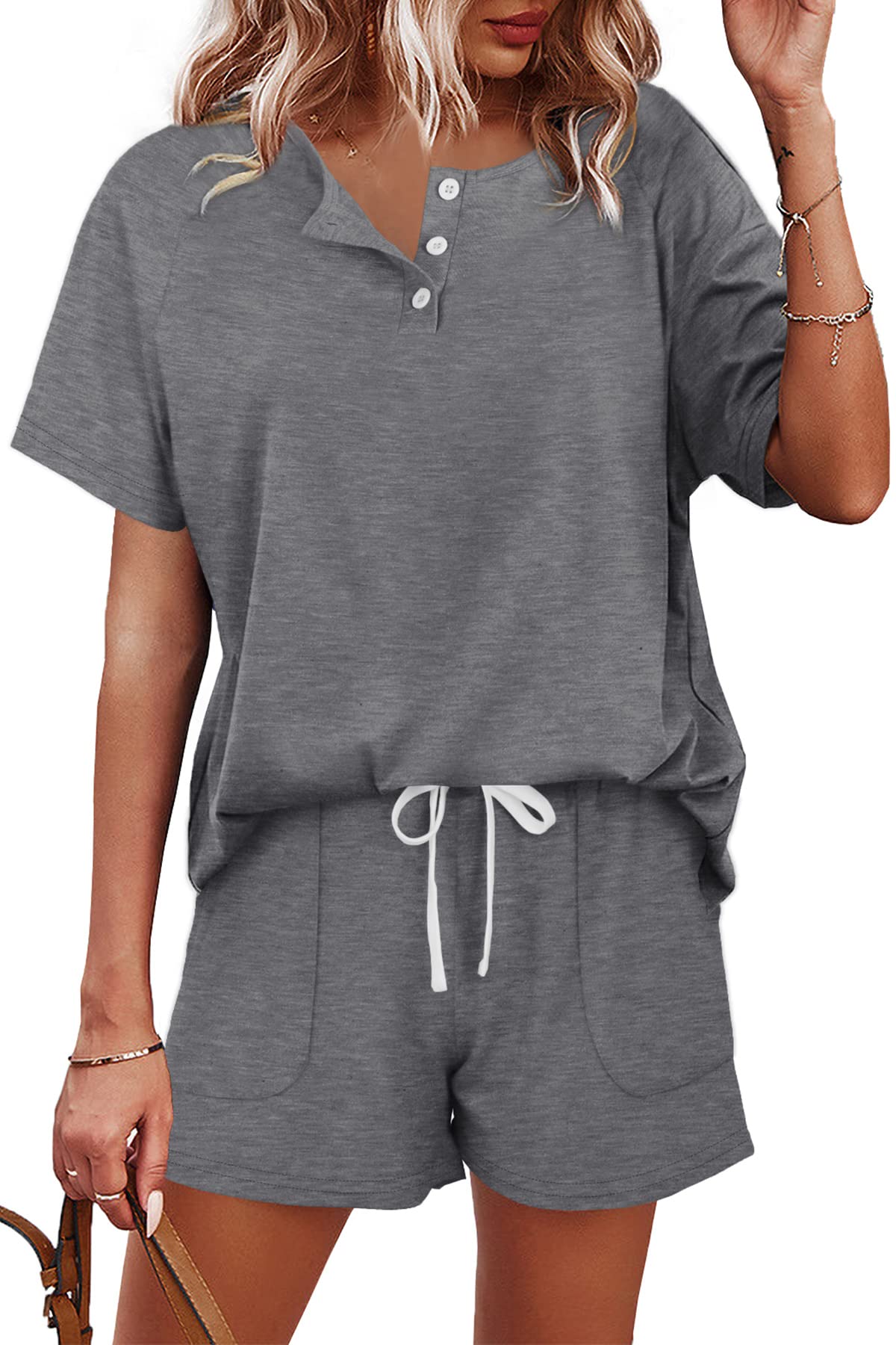 Two Piece Outfits for Women Lounge Sets Button Down Top and Shorts Set Sweatsuits with Pockets Short Sleeve