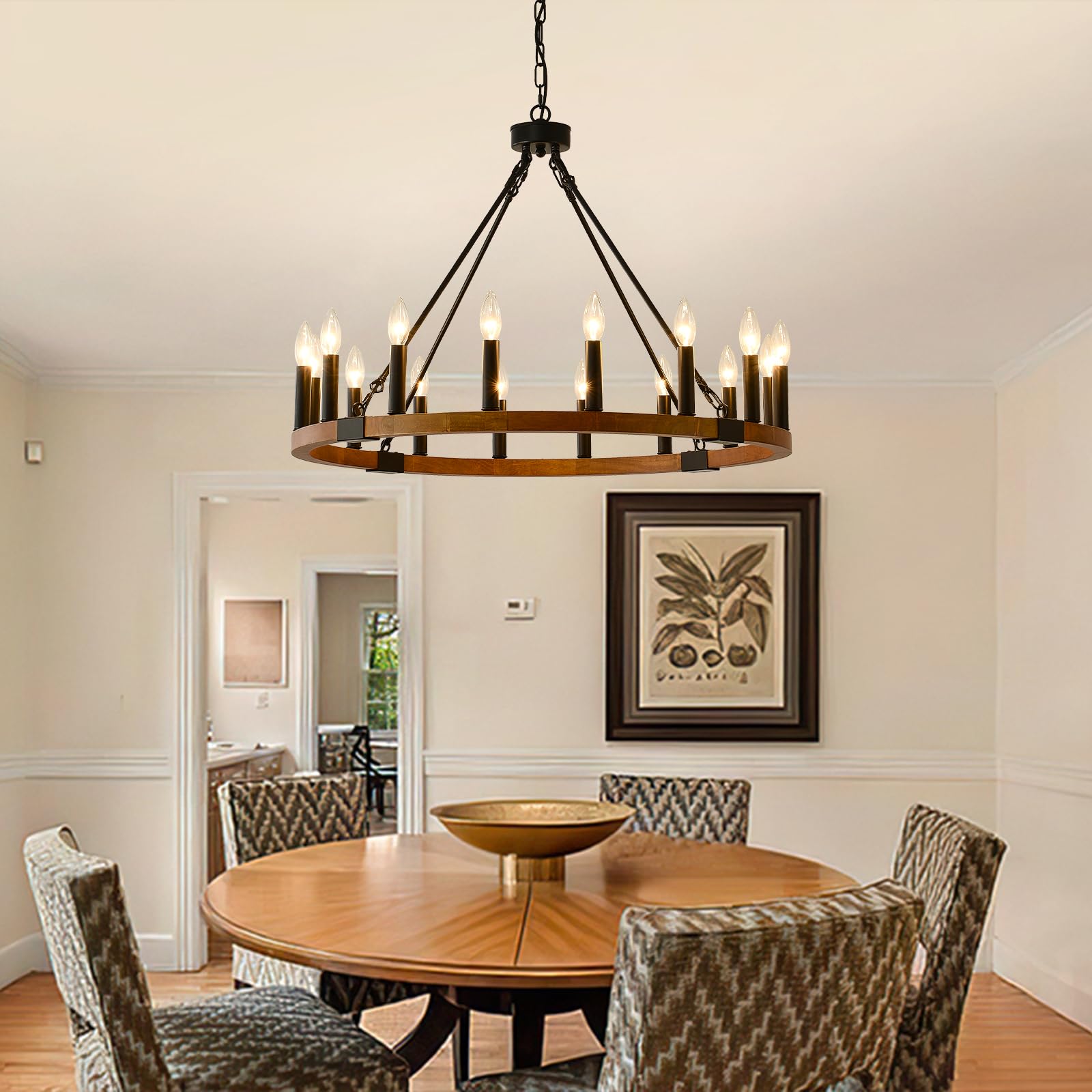 Solid Wood Wagon Wheel Chandelier 16-Light Review: Farmhouse Rustic Dining Foyer 2 Solid Wood Wagon Wheel Chandelier 16-Light, 32'' Farmhouse Chandeliers for Dining Room, Rustic Chandelier for Foyer Living Room Entryway, E12 - Detailed View