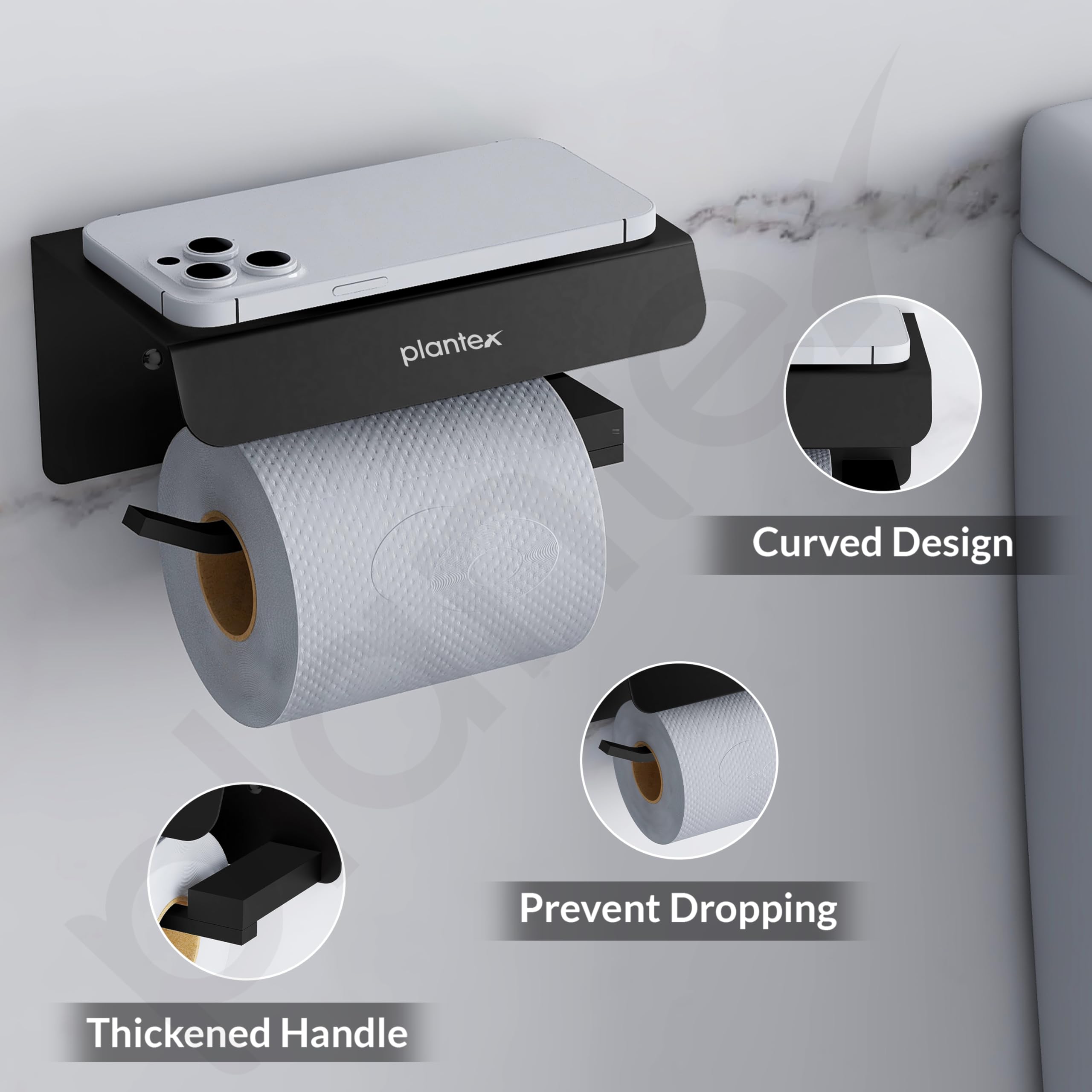 Plantex Platinum 304 Grade Stainless Steel Toilet Paper Holder with Mobile Stand/Toilet Paper Roll Holder for Bathroom Accessories (Matt Black) 4