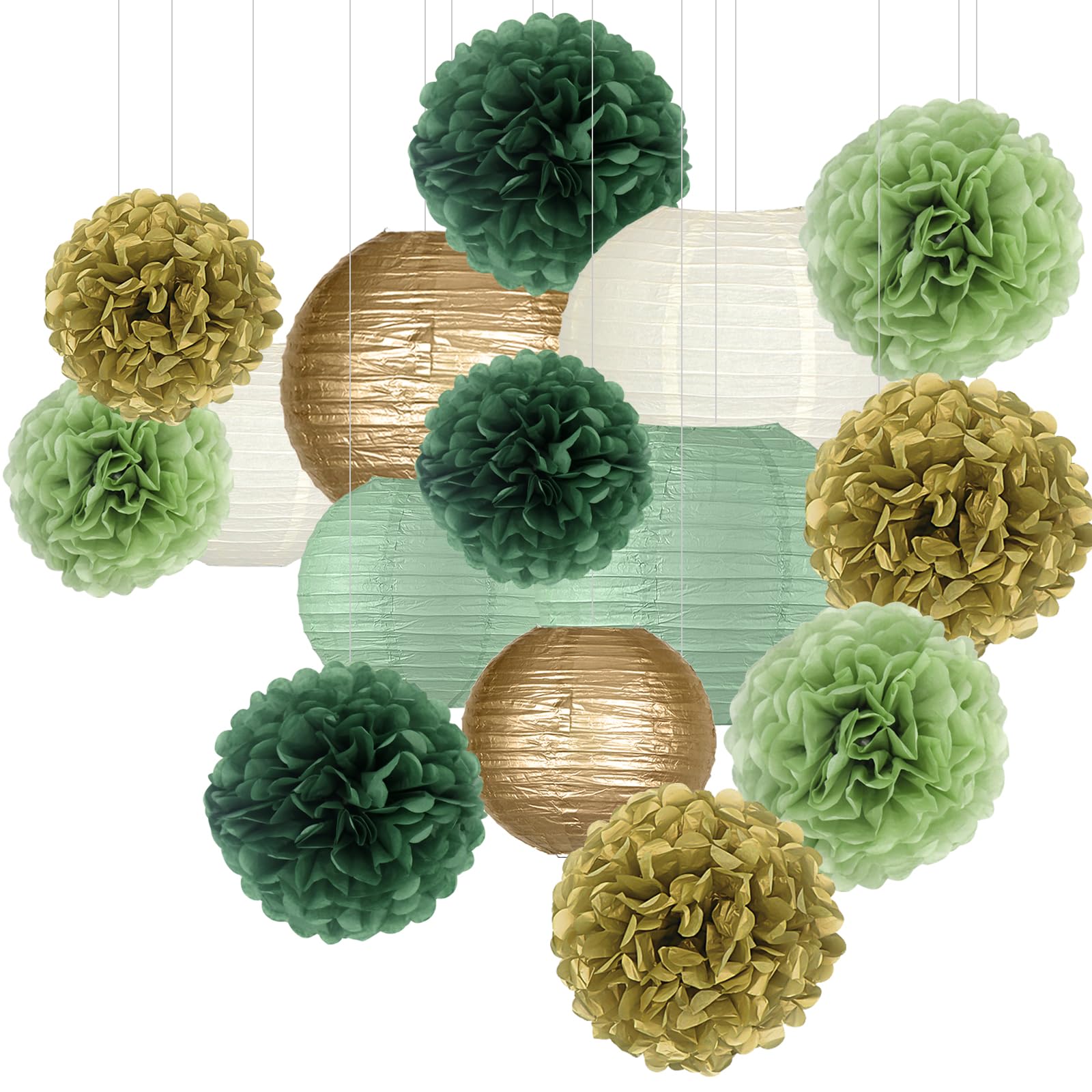 KAXIXI 15pcs Hanging Party Decorations Set, Sage Green Gold Paper Flowers Pom Poms Balls and Paper Lanterns for Rustic Party Bridal Shower Wedding Sage Green Birthday Party Supplies, LanternPomPom008