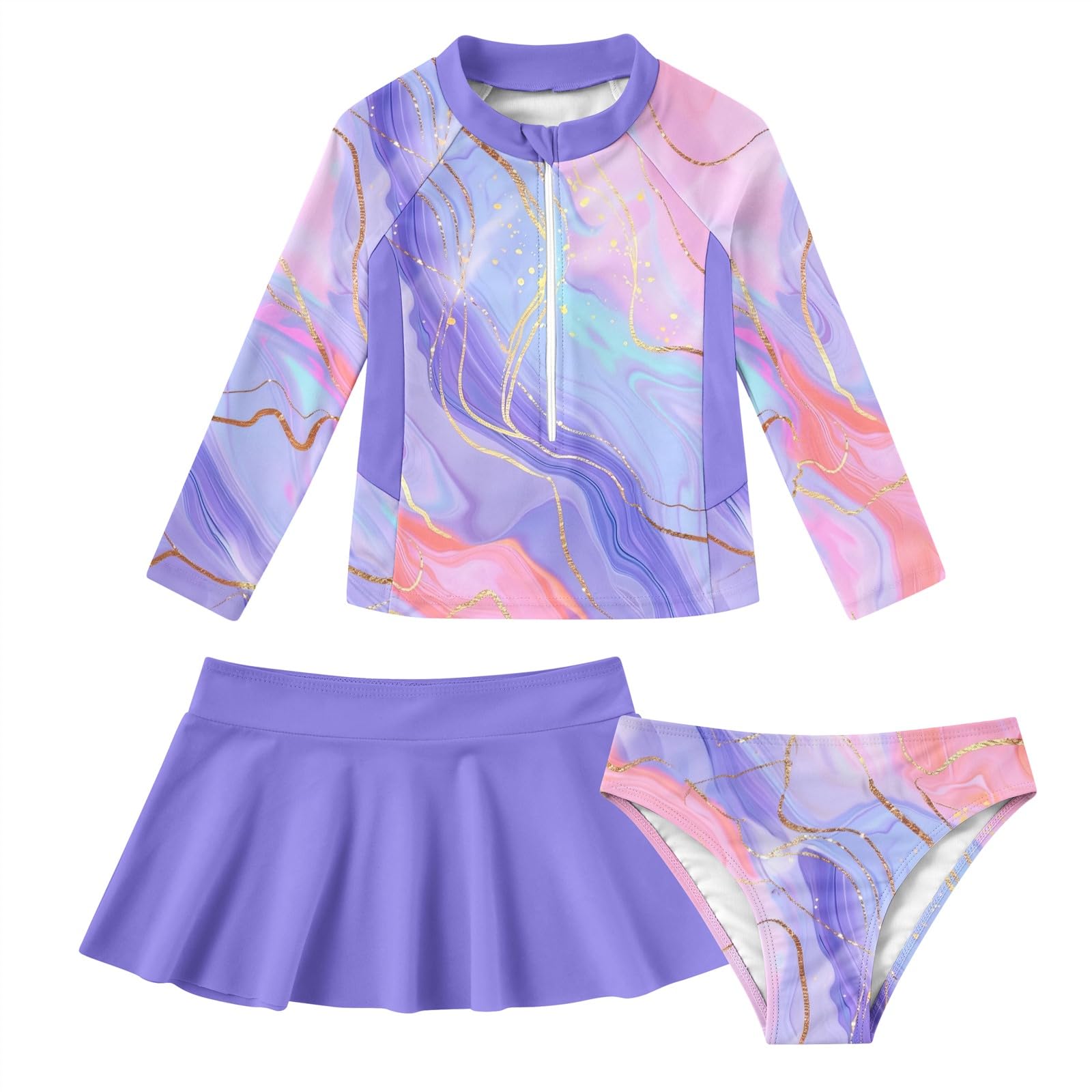 Girls Swimsuit 3-Piece Zipper Rash Guard UPF 50+ Long Sleeve Skirt Set Bathing Suit Size 6-12 Years