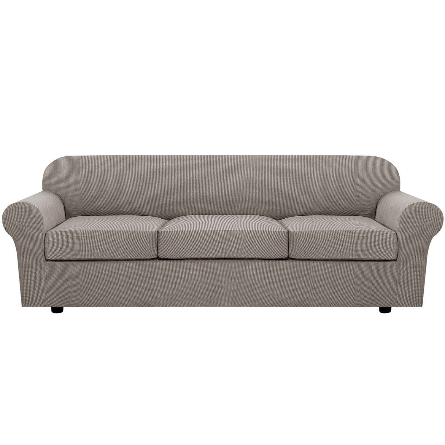 H.VERSAILTEX 4 Piece Stretch Sofa Covers for 3 Cushion Couch Covers for Living Room Furniture Slipcovers (Base Cover Plus 3 Seat Cushion Covers) Upgraded Thicker Jacquard Fabric (XL Sofa, Taupe)