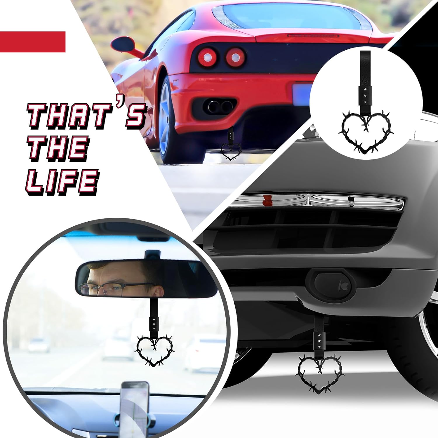 Fabbay 2 Pieces Heart Handle Keychains Car Accessory Heart Hand Strap Drift Charm for Car Interior Exterior Decoration(Black,Thorns Style) - Image 6