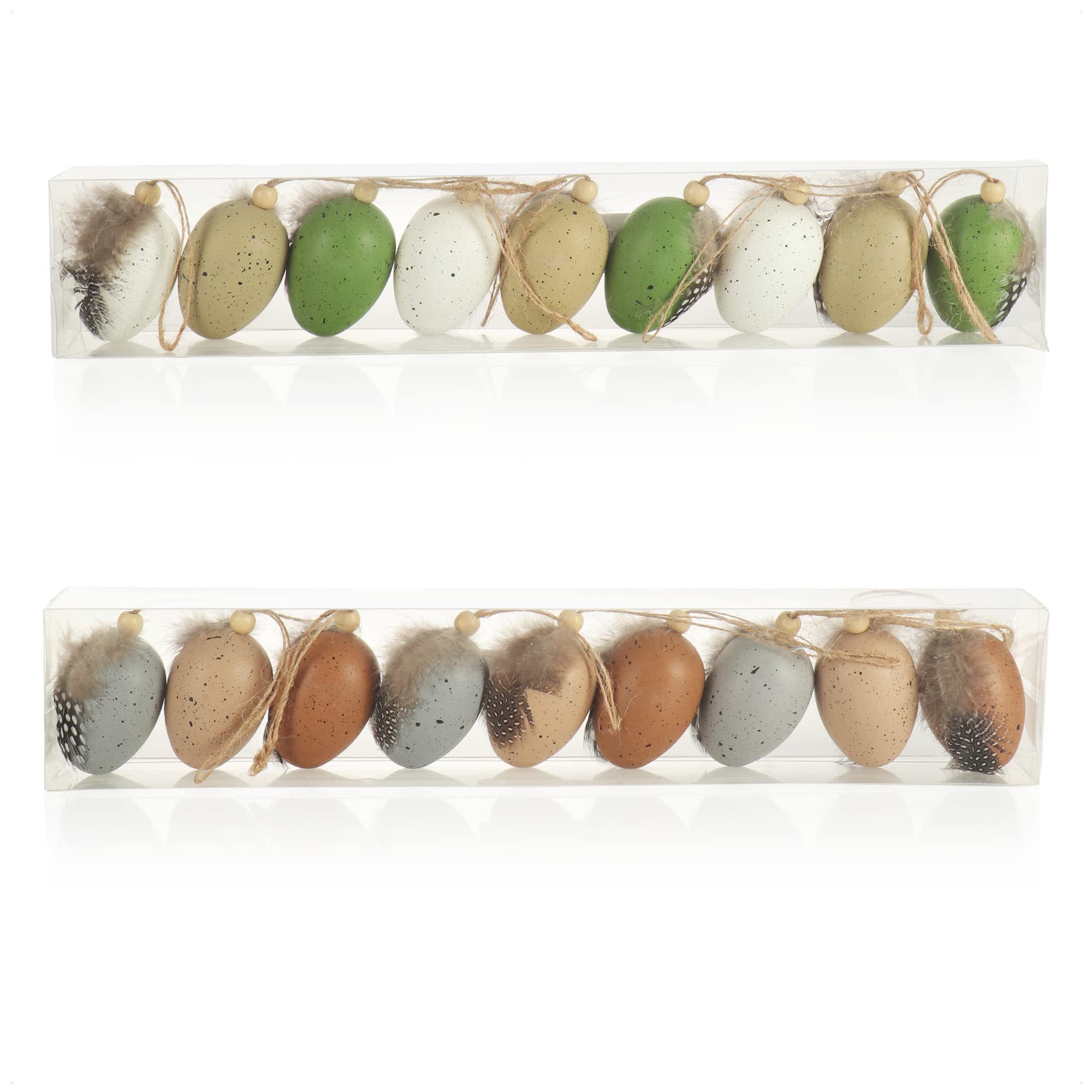 com-four® 540x Ostereier zum Anhängen, Hängedeko für den Osterstrauch 6 x | farbige Ostereier mit Federn und Holzperle in Wachtelei-Optik - Deko-Eier aus Kunststoff