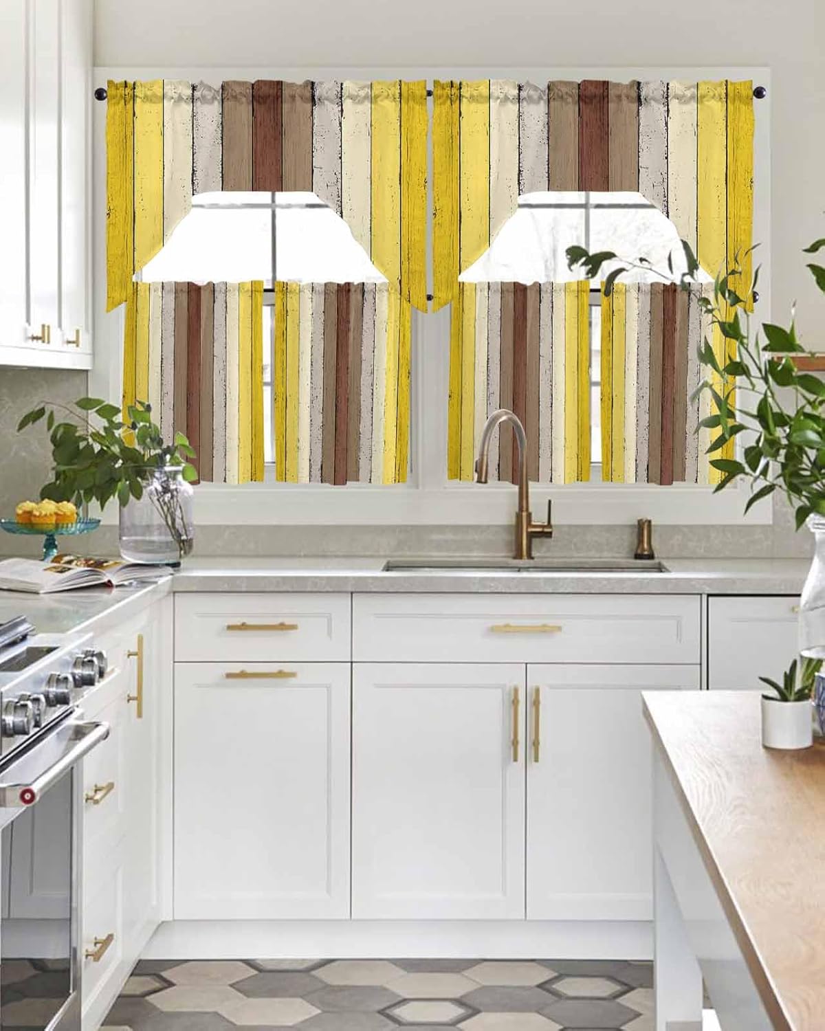 Yellow Brown Wooden Swag Kitchen Curtains Valance and Tier Set 24 Inch Length, Vintage Rustic Farmhouse Wood Plank Rod Pocket Swag Curtains for Living Room Bedroom Bathroom Window Drapes 3 Piece