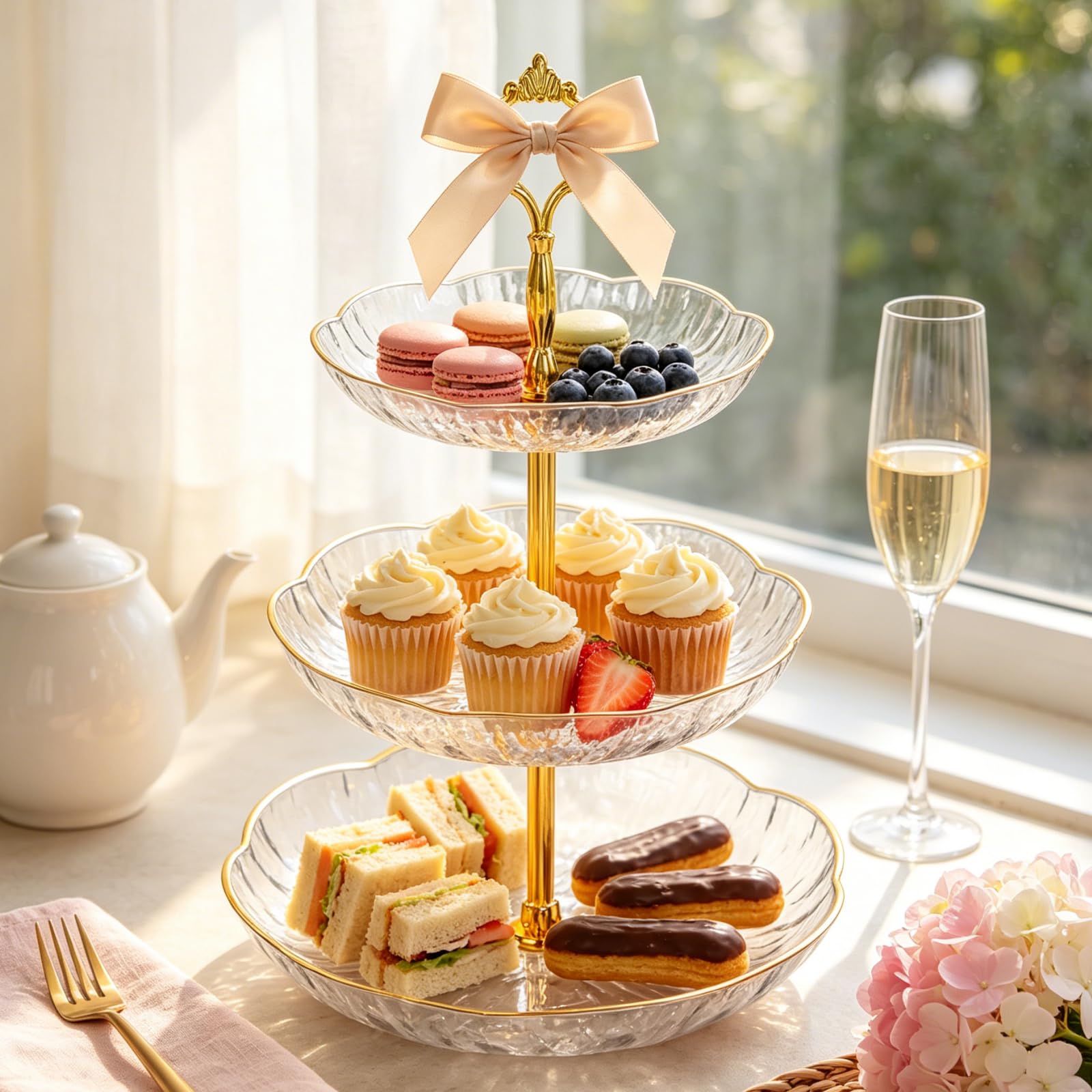 3 Tiers Cake Stands Dessert Cake Stand Round Cupcake Stand Cake Display Stand Afternoon Tea Stand with Gold Edge Reusable Cake Serving Stand Server Display Holder for Birthday Wedding Party