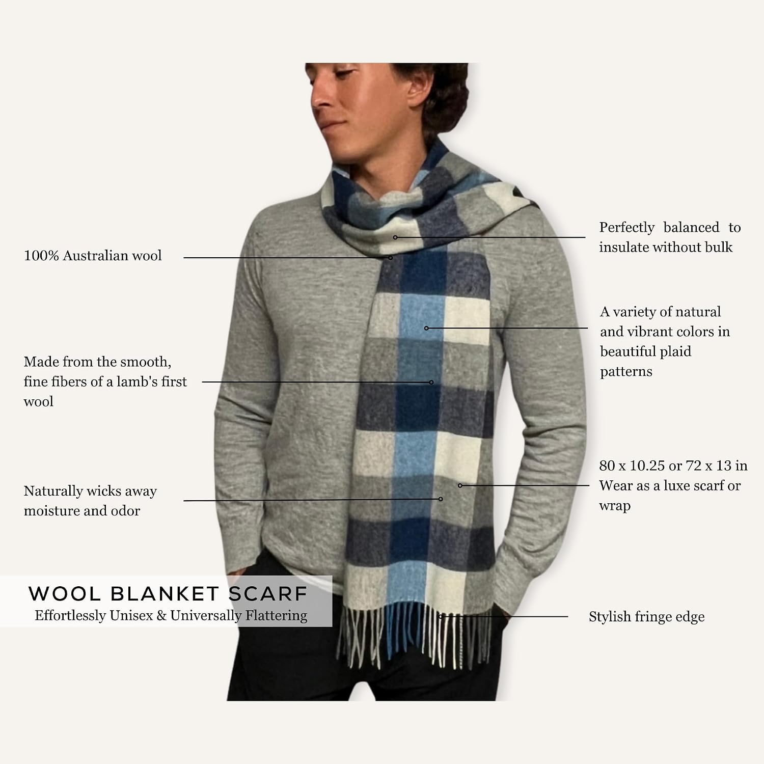 Humble Hilo Wool Scarf for Men and Women – 100% Australian Wool, Warm Lightweight Winter Scarf Plaid
