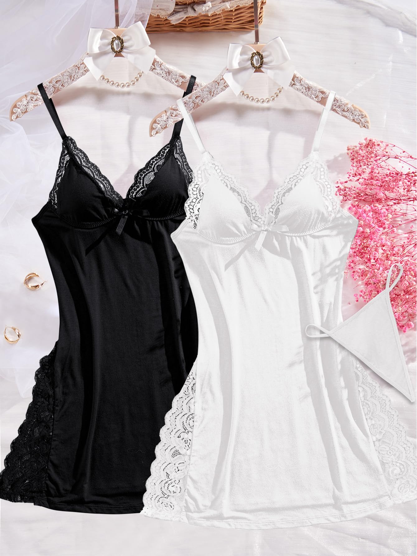 GXNRHG Set multipezzo Abito Sexy in Pizzo Floreale con Slip Completo e Spacco Laterale, con Perizoma