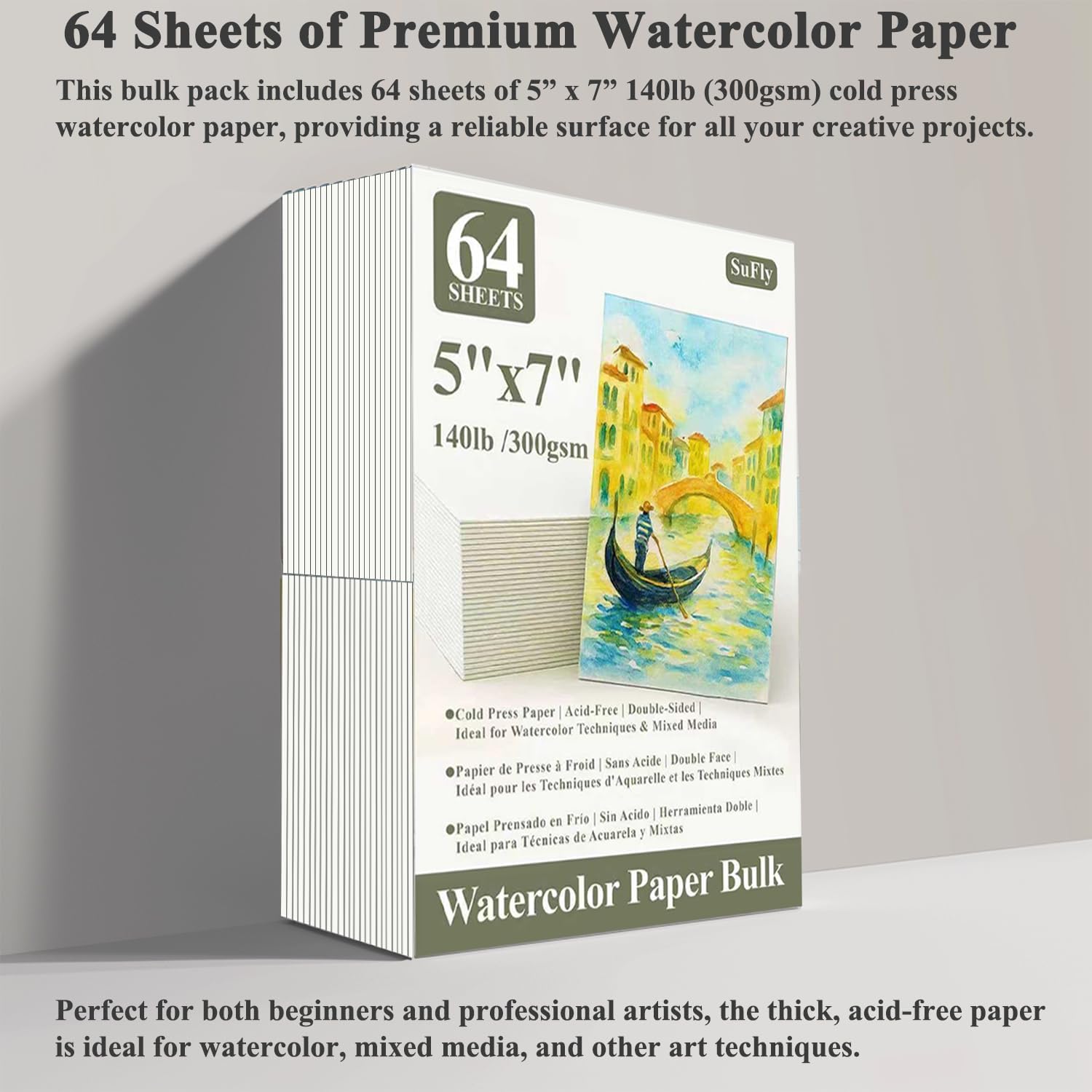 SuFly Water Color Paper Pad 5"x7" - 64 Sheets 140lb Cold Press Watercolor Paper Bulk, Water Color Paint Paper for Kids & Artists, White Painting Paper for Watercolor, Acrylic.