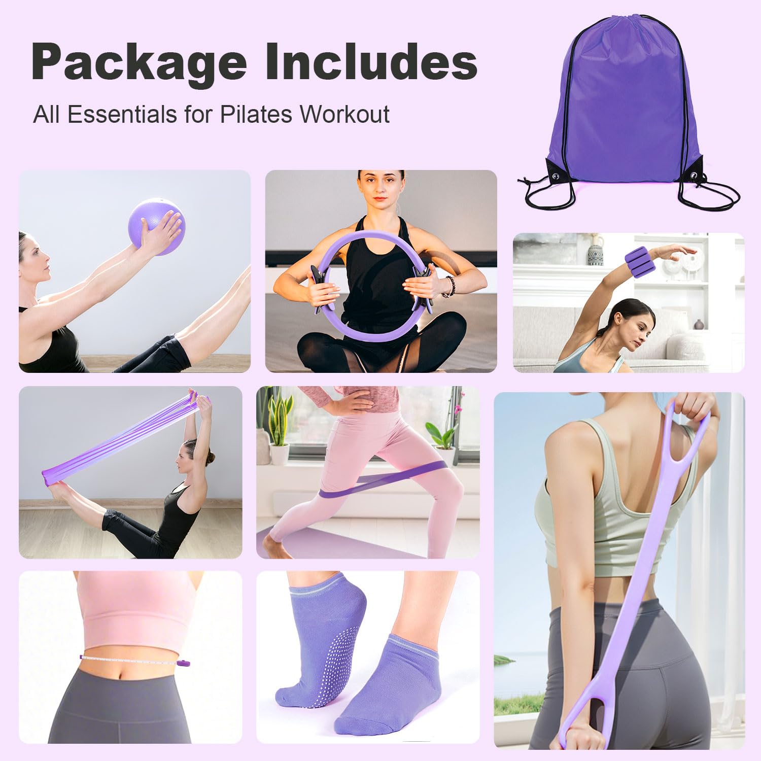 Pilates Set für Zuhause , 14PCS Pilates Set Fitness Zubehör Set mit Pilatesring, Yogaball, Widerstandsbändern, Fußmassagesocken, Verstellbare Gewichtsbinde Maßband für Training Zuhause, Yoga, Bein