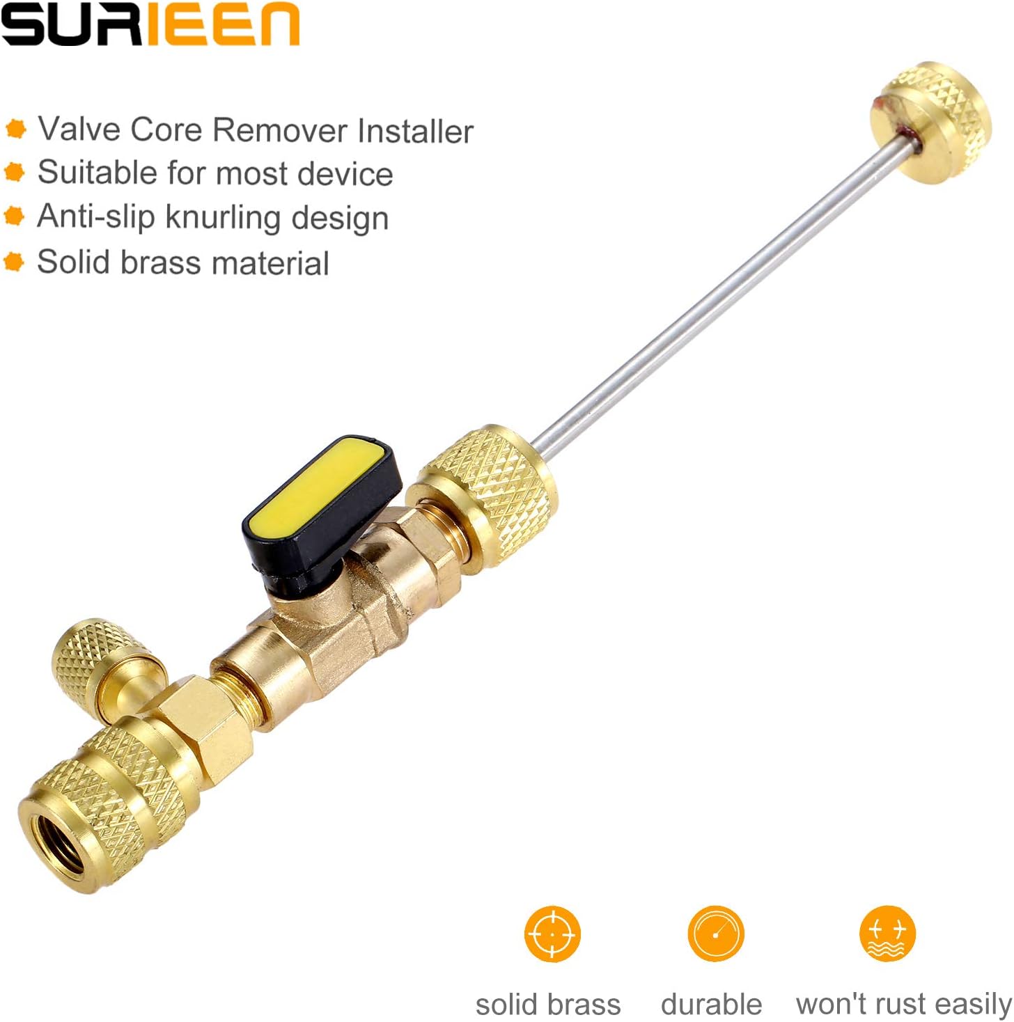 R410A R22 Valve Core Remover Installer Tool with Dual Size SAE 1/4 & 5/16 Port for R404A R407C R134A R12 R32 R600 HVAC System, with 10PCS 5v1 Valve Cores and Double Head Valve Core Remover