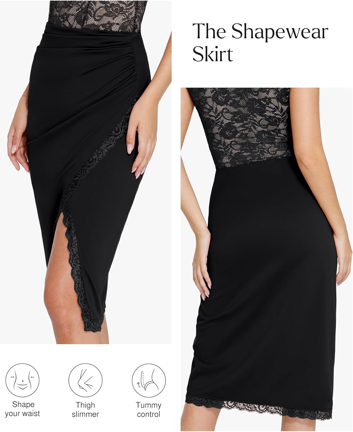 Popilush Midi Skirts for Women Lace Shapewear Split Satin High Waisted Bodycon Long Skirt Built-in Tummy Control