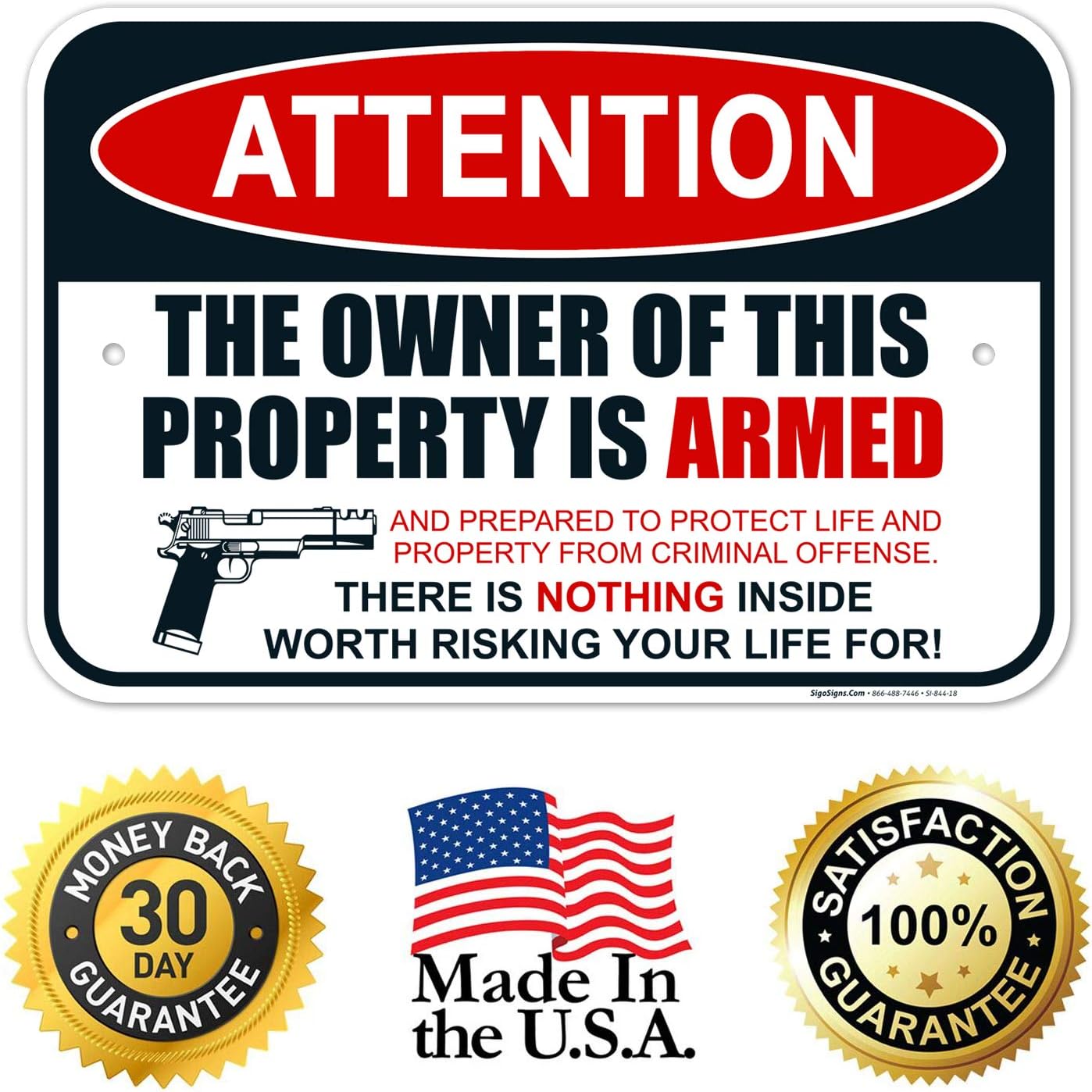 Gun Sign, The Owner of This Property is Armed Sign, 12x18 Inches, Rust Free .063 Aluminum, Fade Resistant, Easy Mounting, Indoor/Outdoor Use, Made in USA