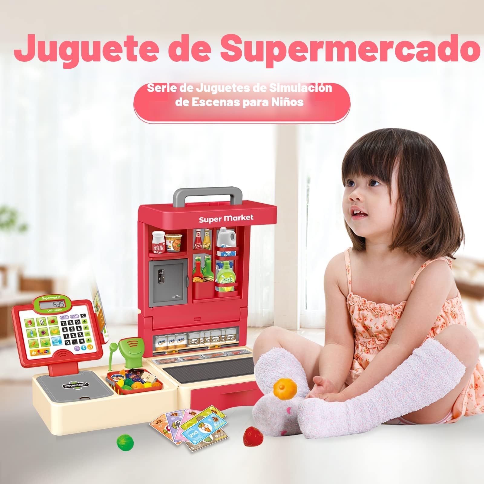 RedCrab Caja Registradora Juguetes, Supermercado Caja Registradora Niños con Función de Calculadora, Escáner y Comestibles, Plegable Caja Registradora de Juguete Set para Niños 3+ Años (Rojo)