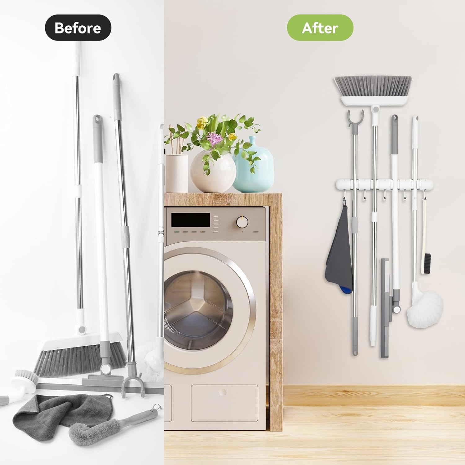 OTraki Broom Holder Wall Mount, No Drill Mop and Broom Organizer with 4 Slots and 5 Hooks, Garden Tool Hanger for Laundry Room Closet Kitchen Garage Storage and Organization