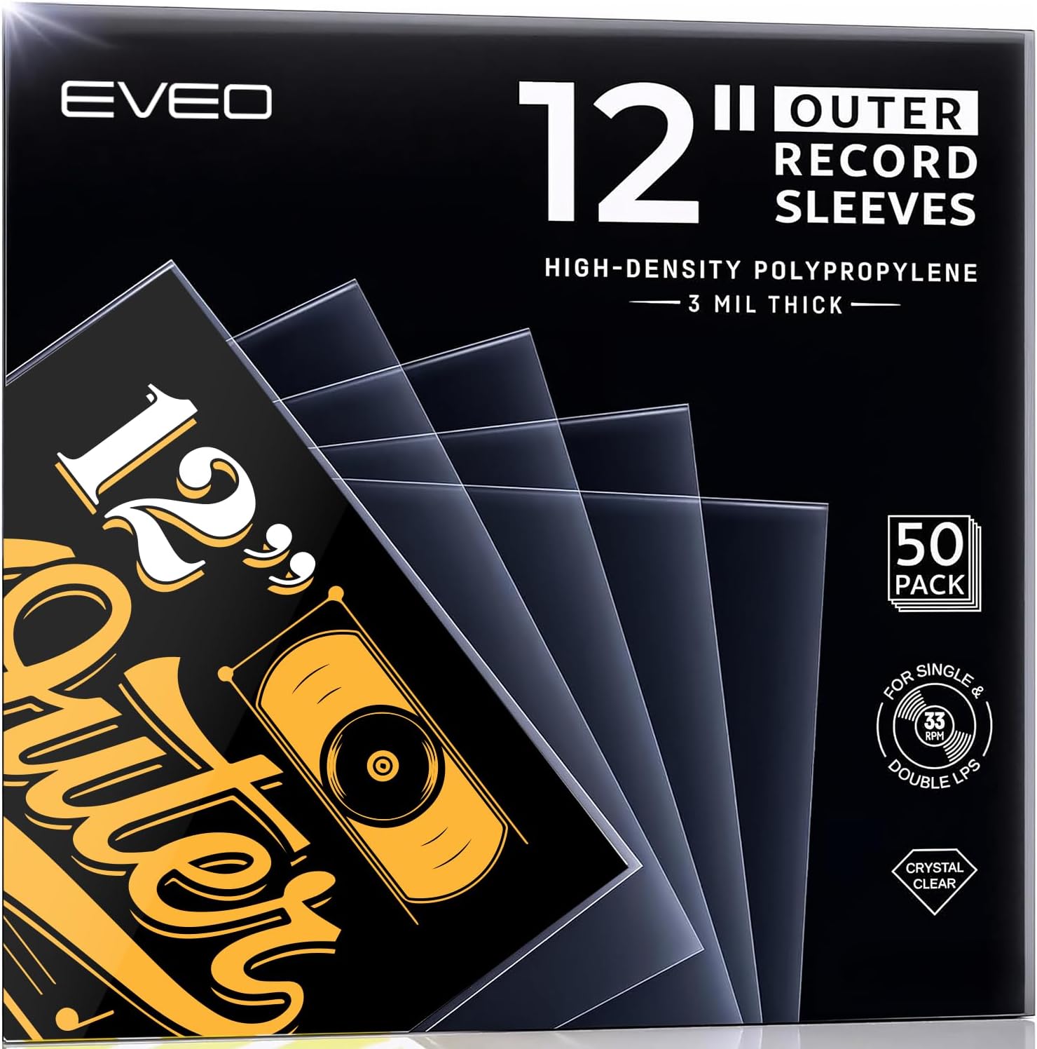 50 Vinyl Record Sleeves Outer – Crystal Clear Outer Vinyl Sleeves LP Album Covers 12.75"x12.75" | Perfect Fit Protective 3 Mil Protection for Single & Double LPs - Archival Quality