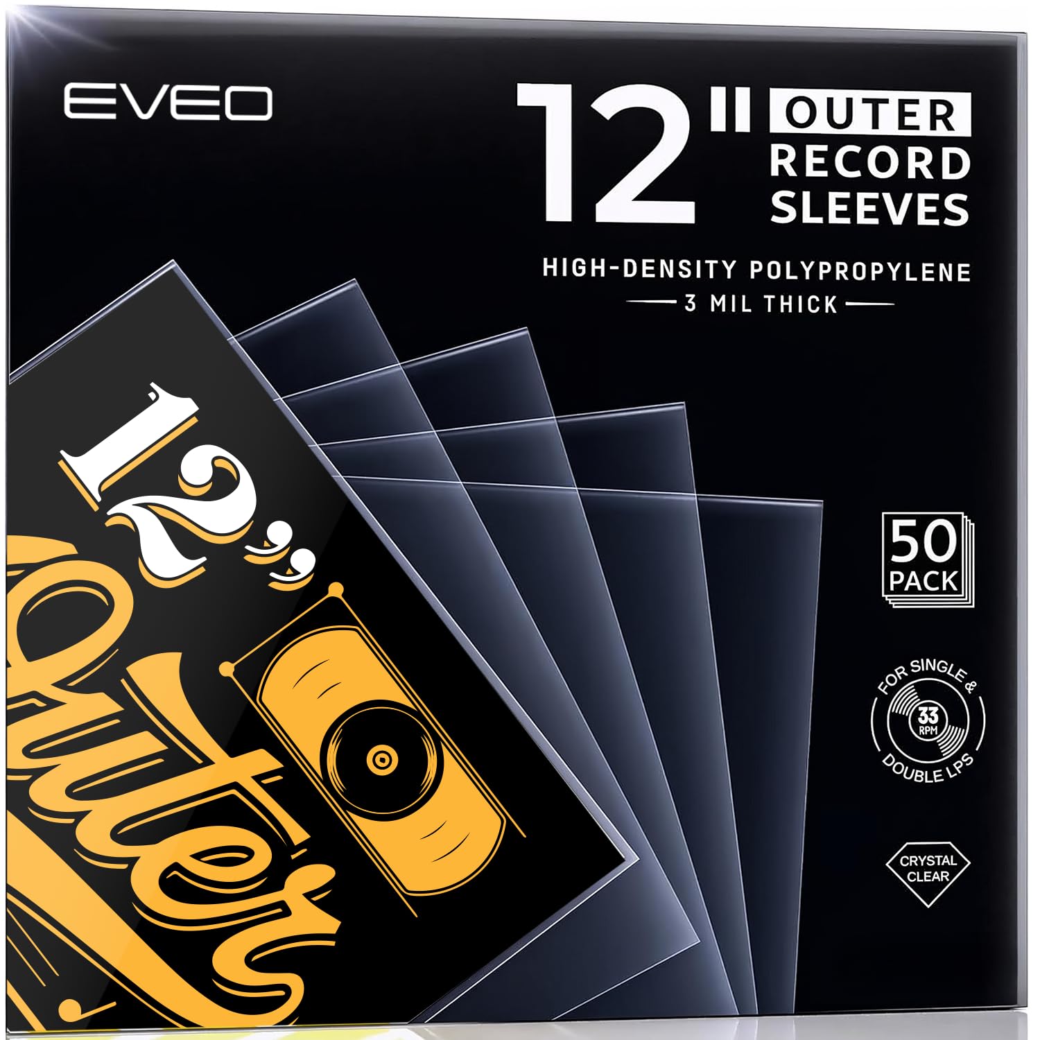 EVEO Vinyl Record Sleeves (50 Pack) Outer Sheet Protectors for Vinyl Record Storage - 12.75" x 12.75" Clear Vinyl Sleeves for Single & Gatefold LP Album Covers - 3mil Thick Vinyl Records Outer Sleeves