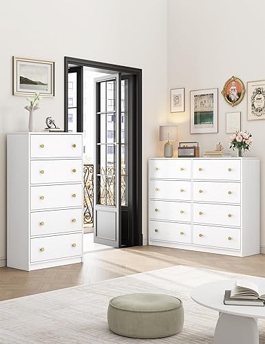 Miniatura 2 de Nicehill Cómoda blanca para dormitorio con 5 cajones, torre de almacenamiento de madera, cómoda con cajones para armario, sala de estar, pasillo,