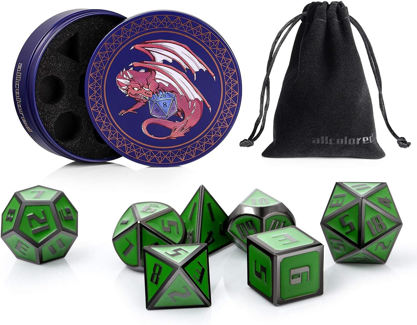 ALLCOLORED 7-Piece Metal Dice Set DND Green Black Standard 16mm Polyhedral D&D Dice with Metal Display Case and Velvet Bag for Playing Tabletop Roleplay Games Dungeons and Dragons