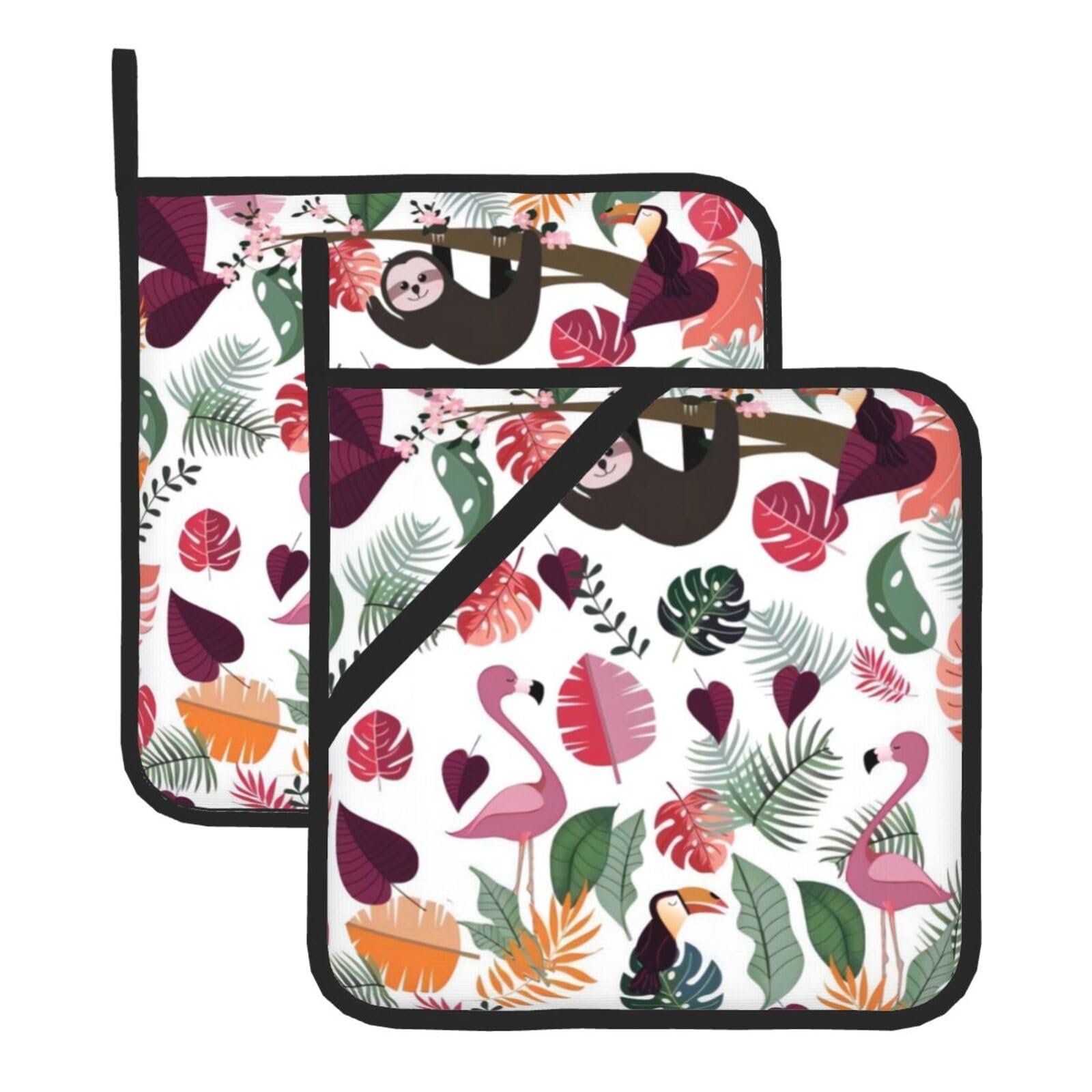 YYHHAOFA Sloth in Pink Tropical Jungle Prints Square Hot Pads - Durable Kitchen Covers for Heat Resistance, Waterproof Protection & Easy Cleaning - 2-Pack with Hanging Loops
