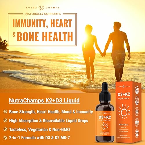 Vista 8 de NutraChamps Gotas de vitamina D 3 K2 para niños, vitamina D3 y K2 MK-7, vitamina D líquida para niños de 1000 UI, huesos saludables, corazón