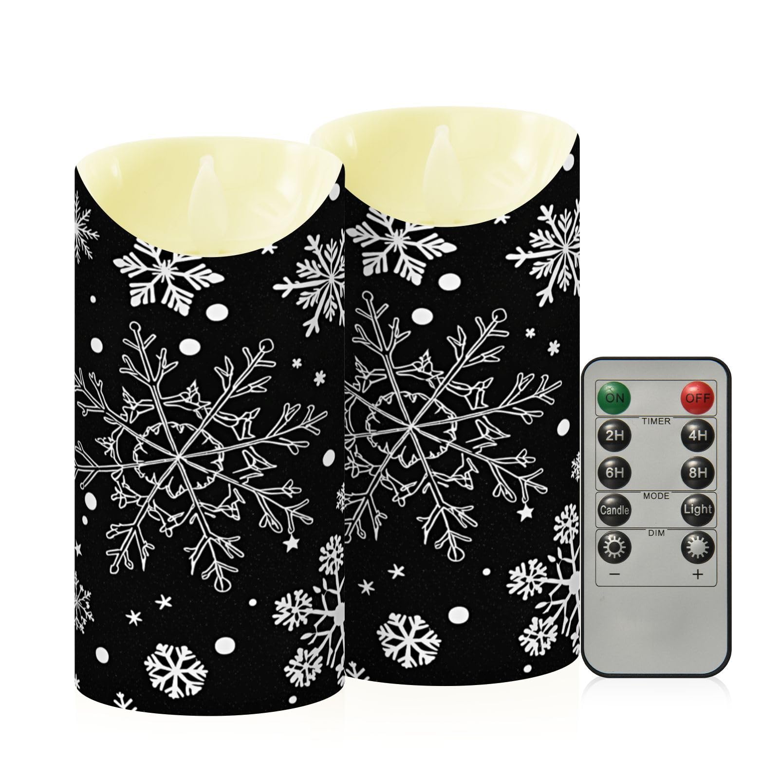 Ewusp Christmas Black Snowflake Flameless Candles Battery Operated Flickering LED Pillar Candles Set of 2 with Remote Control & Timer, for Home Decor Wedding Holiday Party Centerpieces
