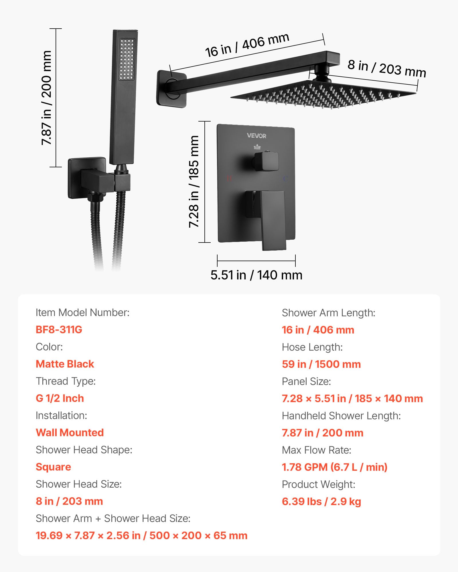 VEVOR Juego de Grifo de Ducha de Lluvia con Cabezal de Ducha cuadrado de 20,3 cm y Rociador de Mano, Grifería de Baño de Pared con Válvula de Latón y Kit de Embellecedor, 6,7 L/min, Negro Mate