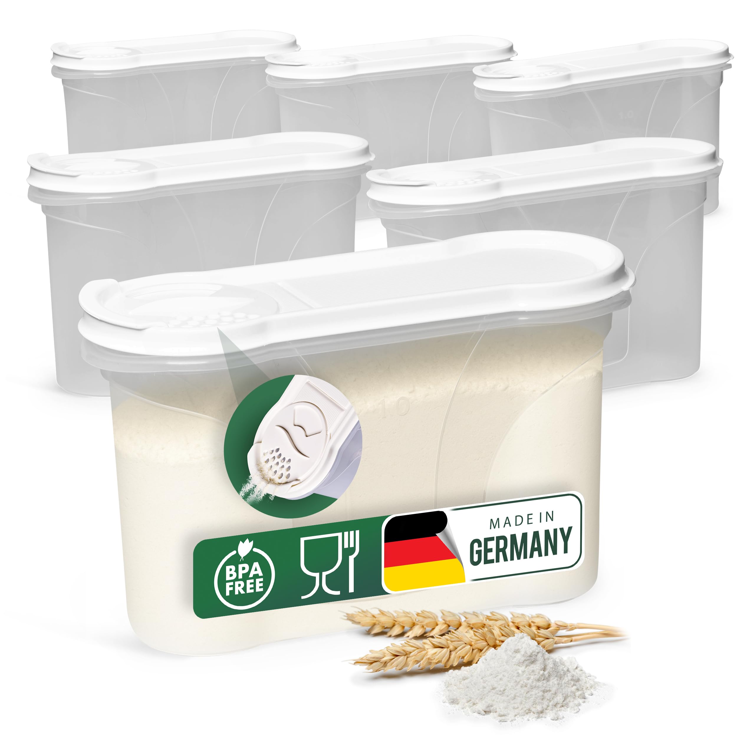 Novaliv Schüttdosen 6er SET Vorratsdose zum Streuen 1,3 Liter - Maße (LxBxH): 22 x 13 x 8,5 cm - Dose mit Deckel 1l für Müsli Mehl Zucker Dosen Küchen Organizer Food Box Meal-Prep-Boxen
