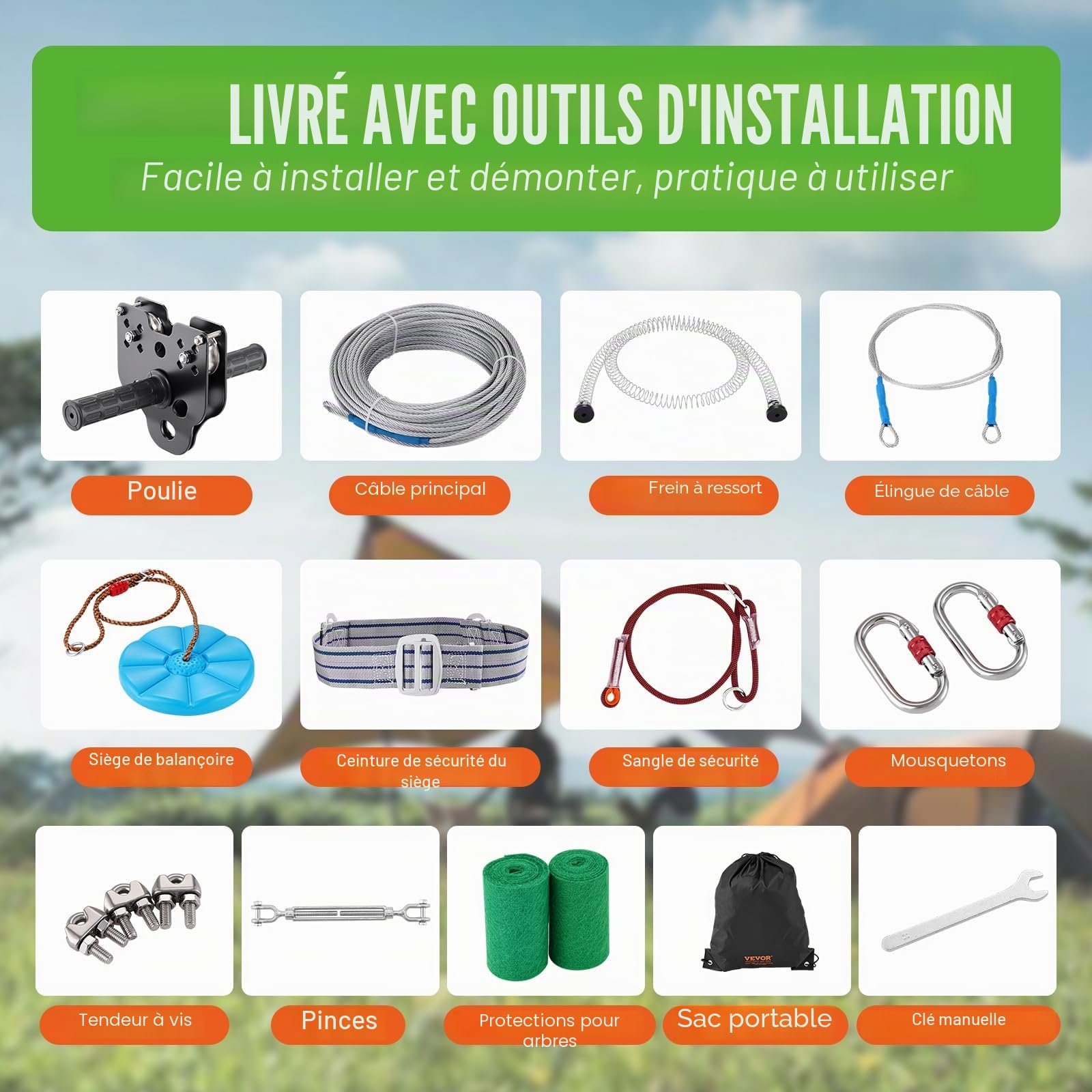 VEVOR Tyrolienne 48,8 m Kit de Tyrolienne Complet Charge 150 kg Configuration Facile avec Frein à Ressort Ceinture et Harnais de Sécurité pour Jardin Arrière-Cour (Ados Uniquement, Pas pour Adultes)