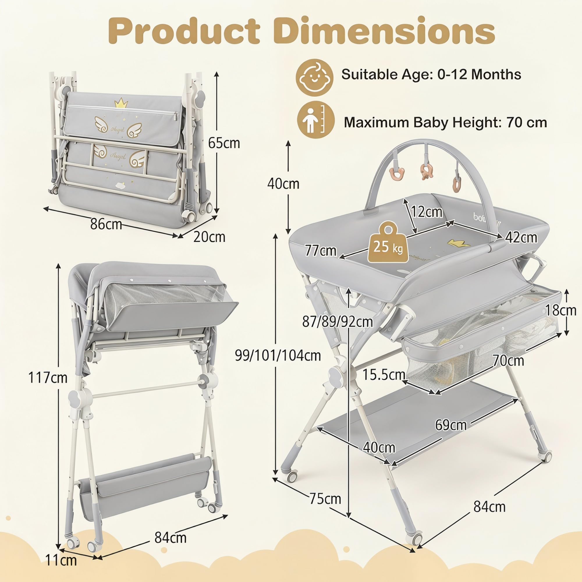 LIFEZEAL Table à Langer Pliante Réglable en Hauteur avec Rangements | Commode à Langer Portable pour Nouveau-nés et Nourrissons 0-12 Mois avec Roulettes Freinées, Arche de Jeux et Charge 25 KG