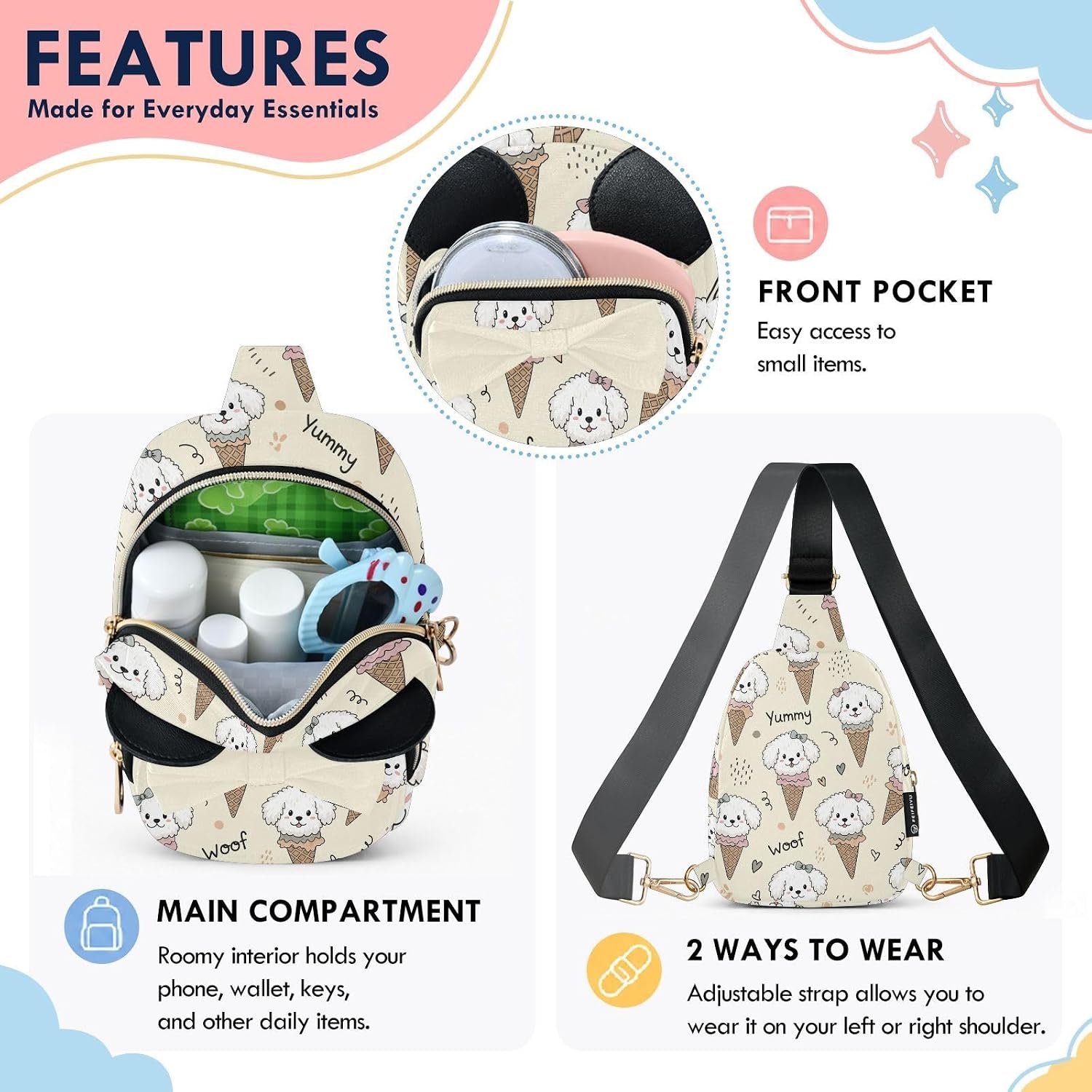 Sinestour Ice Cream Kids Crossbody Bags for Girls, 3.1x7.5x5.7 Inches | Crossbody Fanny Pack, Toddler Purse, Cute Sling Belt Bag with Ears, 2L Small Shoulder Chest Bag for Travel