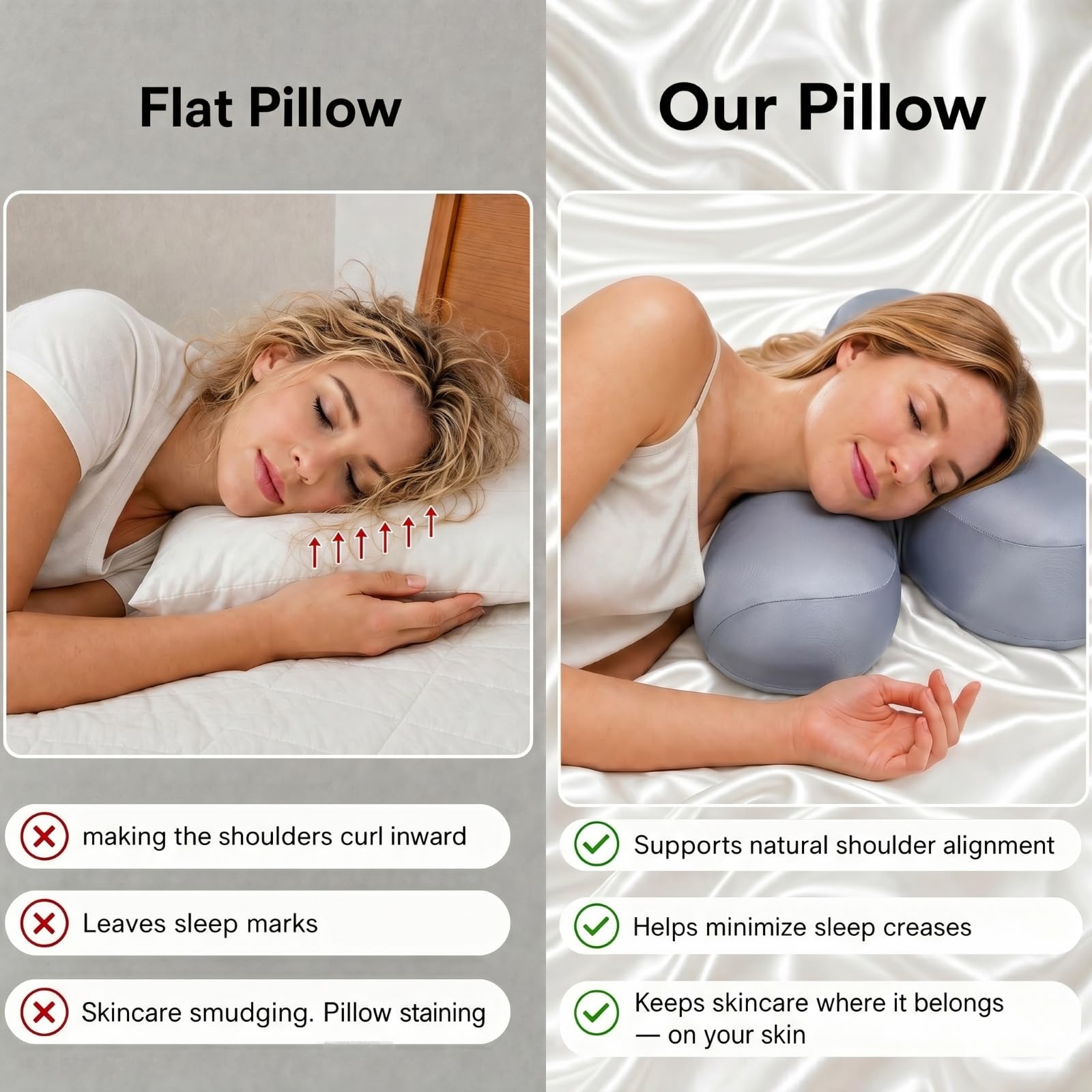 Schönheitskissen Anti-Falten Kissen aus Eisseide, Memory Foam Nackenstützkissen gegen Gesichtsfalten, Hautfreundlich & Kühlend, Ergonomisches Beauty Pillow für Seitenschläfer 55x40x10 cm Blau