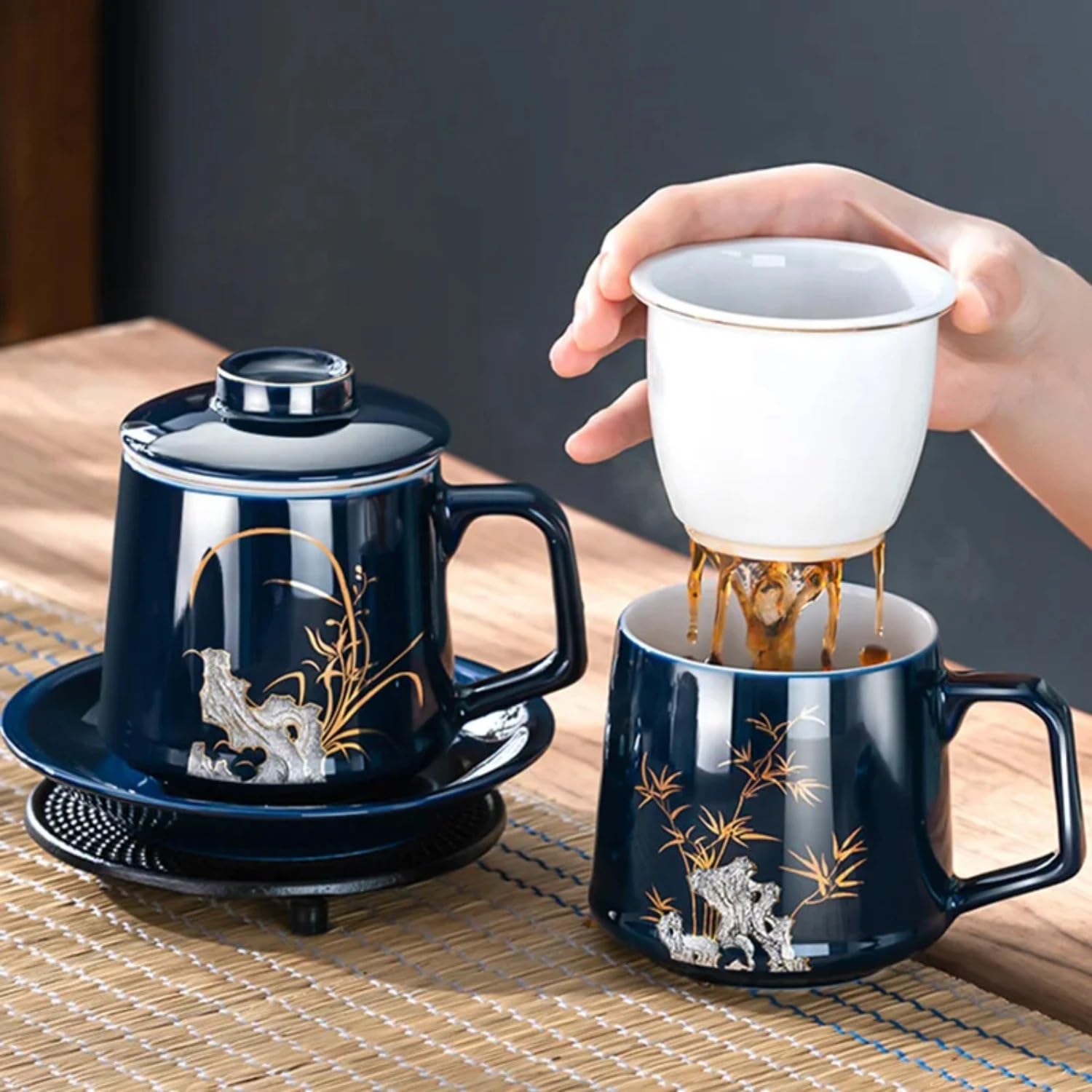 Tasse avec Couvercle Tasse à thé de 400 ML avec Filtre à thé en céramique Tasse à thé infuseur(B)