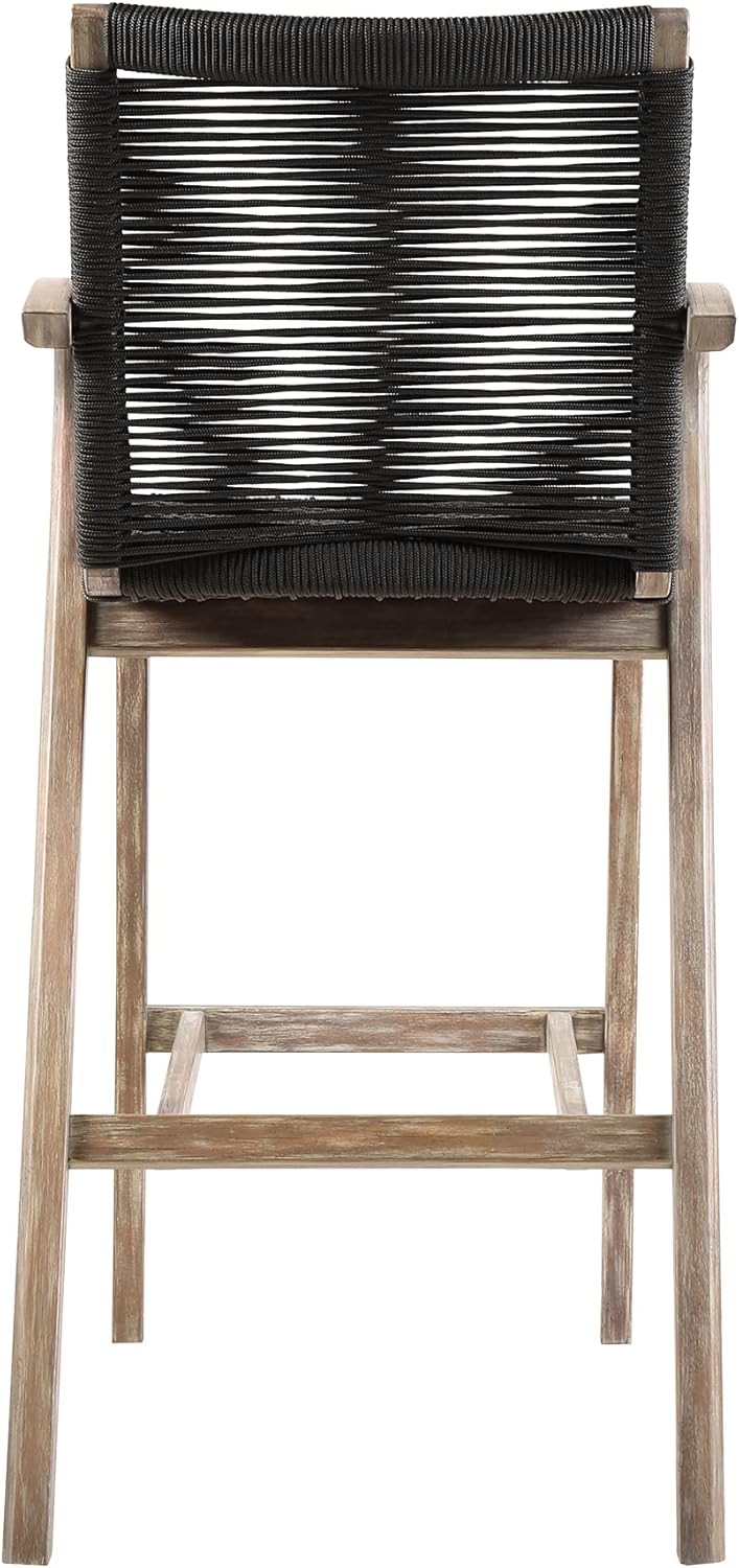 Armen Living Nabila Modern Indoor Outdoor Patio Light Eucalyptus Wood and Charcoal Rope Counter Chair Bar Stool, 26.5" Seat Height