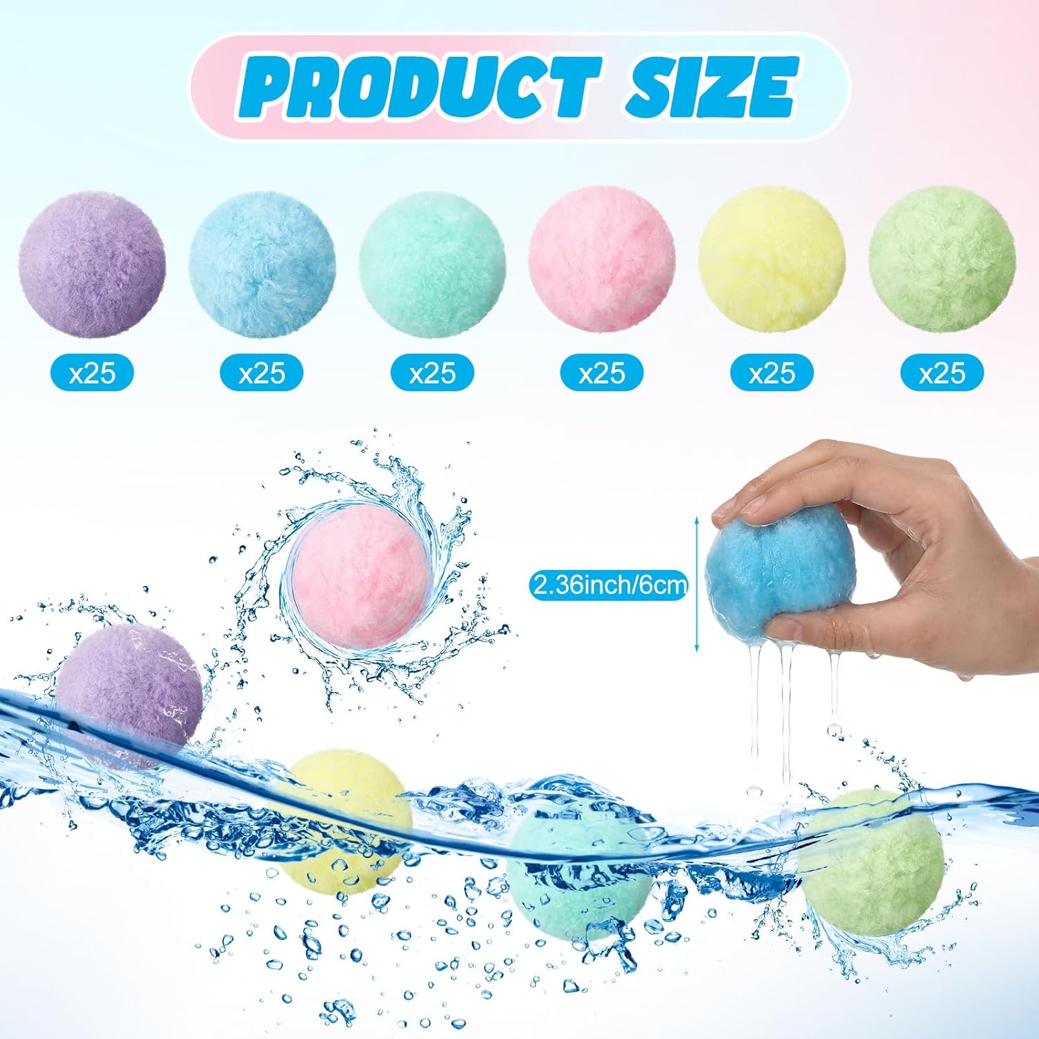 150 Pcs Reusable Water Balls, Soft Cotton Balls Quick Fill Water Balloons for Outdoor Summer Pool Party Favors, Backyard Beach Games (2.36 Inches)