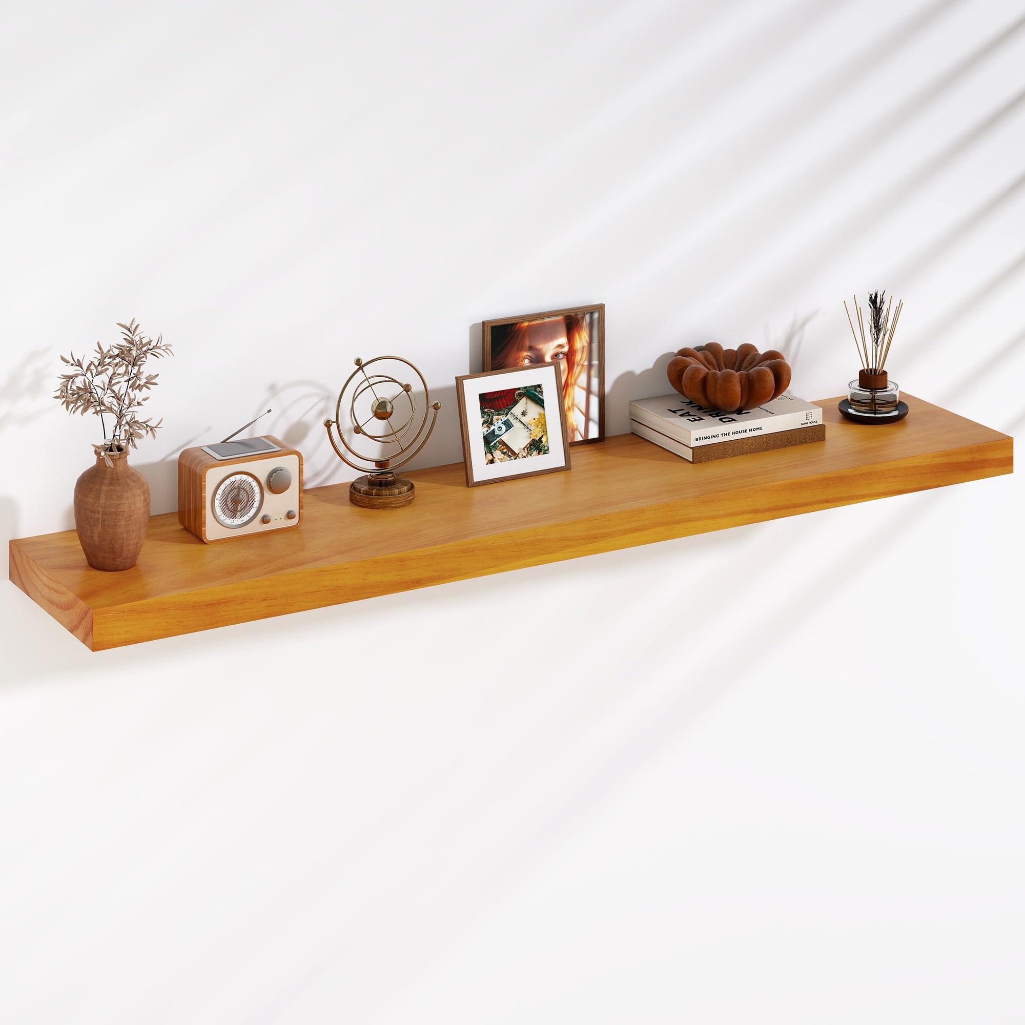 Fun Memories Floating Shelves, 9.3 Inch Deep Solid Pine Wood Wall Shelves for Storage, Rustic Wall Mounted Display Shelf with Invisible Heavy-Duty