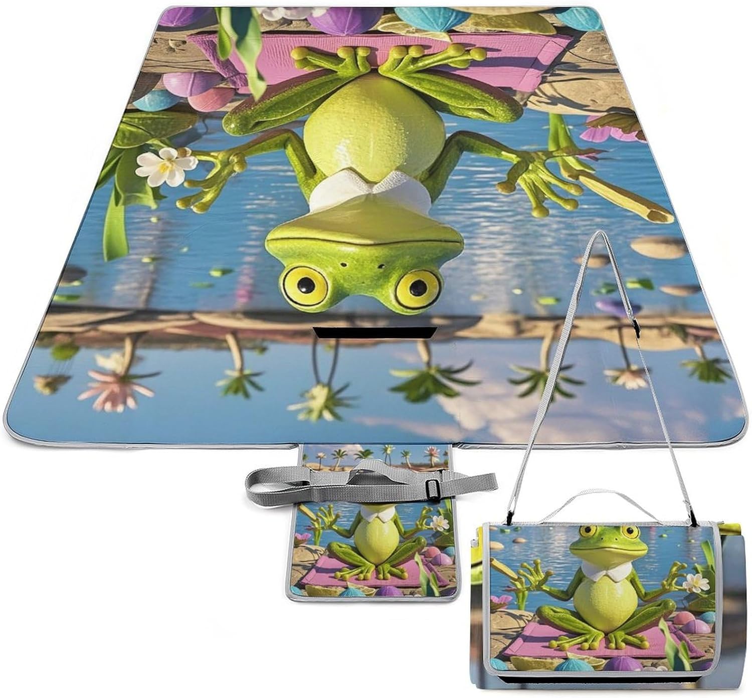 Funny Yoga Frog Beach Blanket Thickened Foldable Camping Mats Soft Lightweight Beach Pad Square Picnic Blankets with Shoulder Strap for Park Grass Patio Hiking